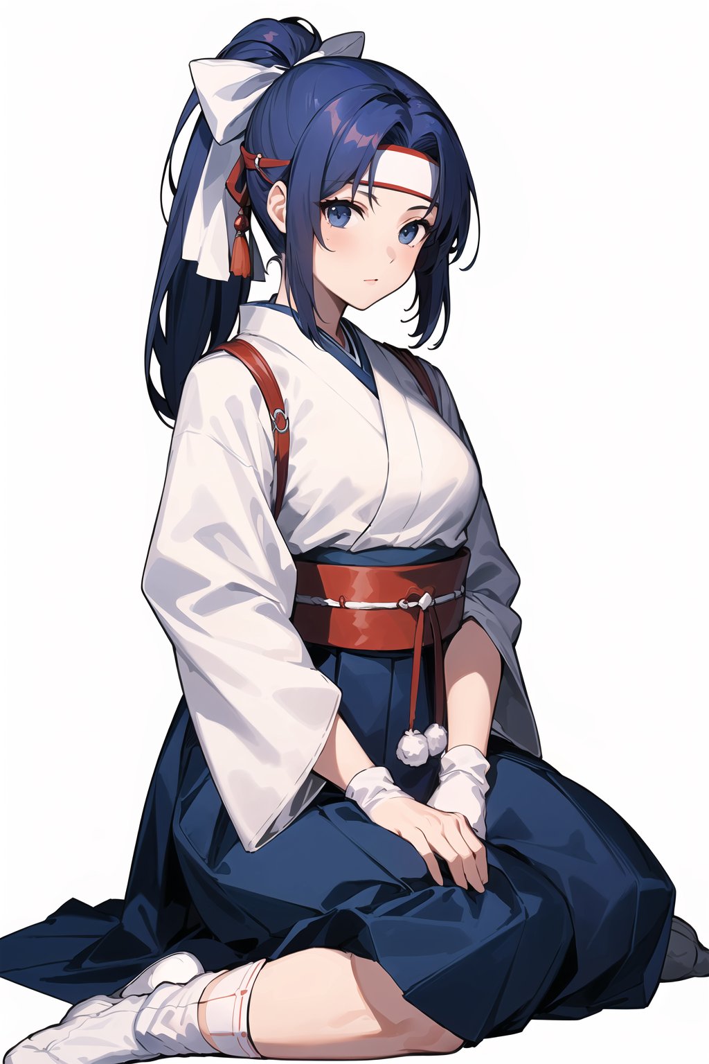 (masterpiece, top quality, best quality, official art, beautiful and aesthetic:1.2), (1girl:1.3), (fractal art:1.3),ponytail, hakama , (blue hakama skirt:1.3),japanese clothes,  headband,(white tabi:1.3),(white japanese socks:1.5),red belt, simple background, (Cinmatic:0.4) ,upper body,  <lora:TODO KASUMI:0.8>