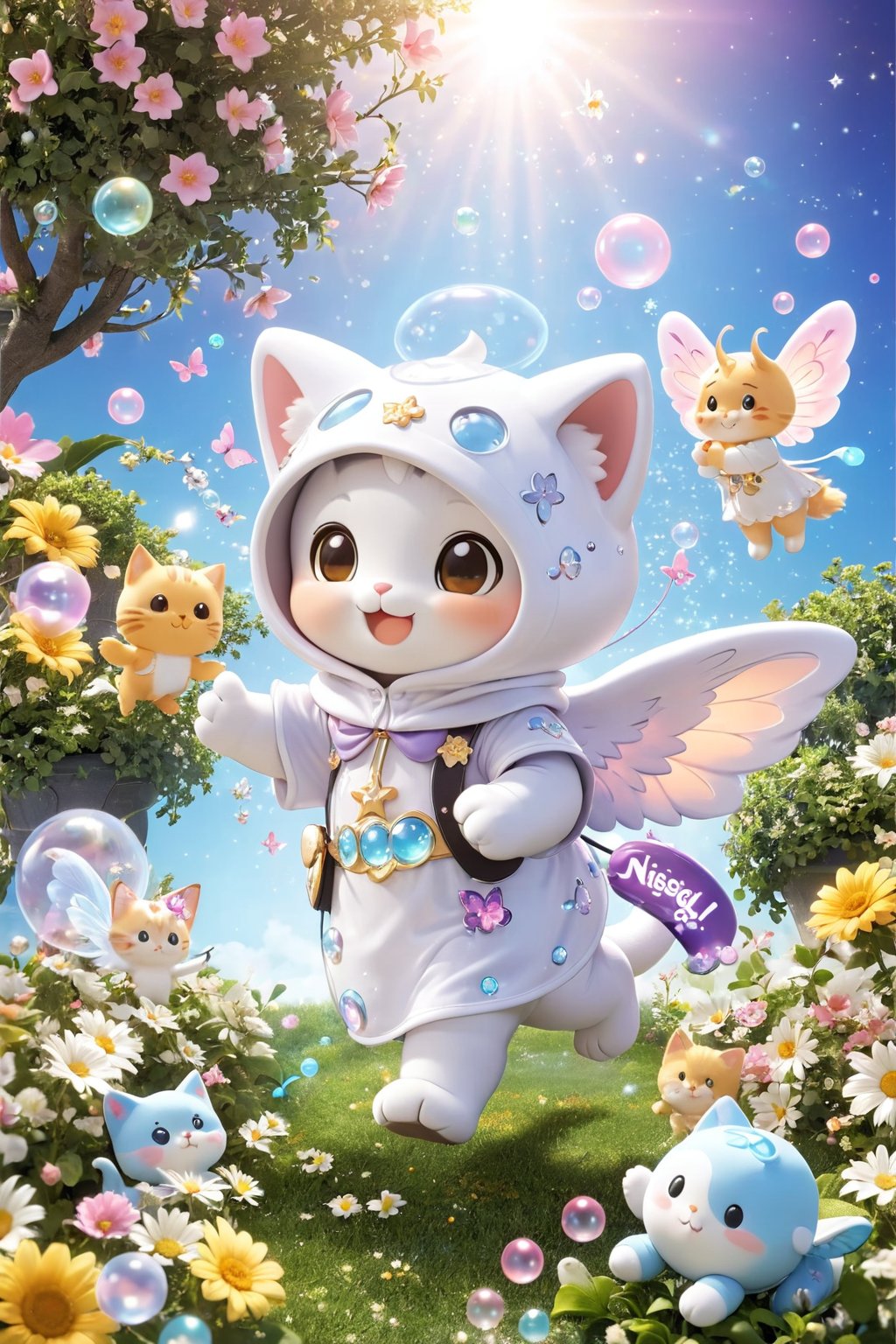 "Chibi" mascots include a cute kitten in a full mascot costume,a mascot in a "Hello" little angel mascot costume,and a mascot catching butterflies in the garden with a cute hood on his head. Kitten wearing winged cherub mascot costume. Naughty and happy smile with many small bubbles floating around,independent lighting,3D style