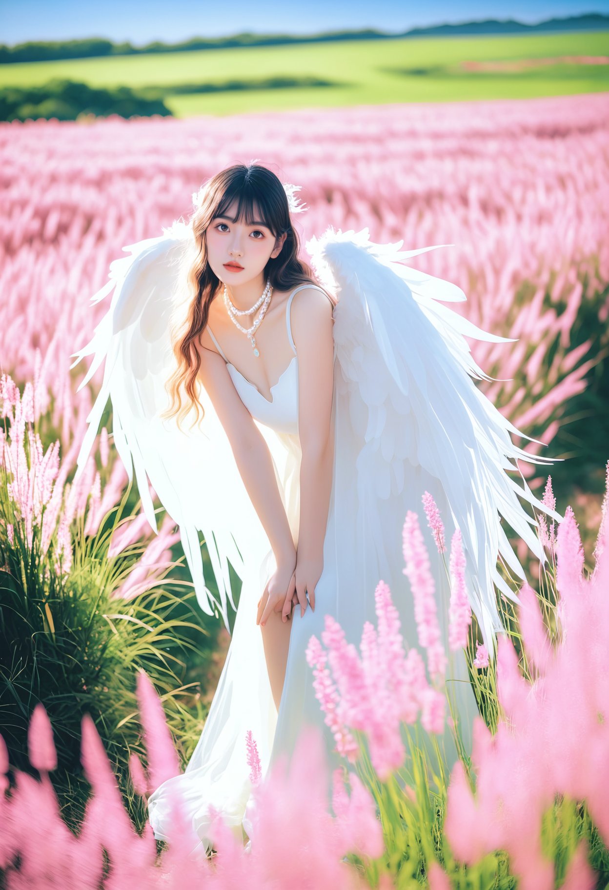 photograph Inspired by fantasy art, ethereal young woman, flowing white gown, delicate lace details, pearl necklace, angelic wings, long wavy blonde hair, standing in a field of pink and green grasses, soft focus, dreamy atmosphere, gentle lighting, serene and mystical mood, mid-shot angle., 50mm . cinematic 4k epic detailed 4k epic detailed photograph shot on kodak detailed cinematic hbo dark moody, 35mm photo, grainy, vignette, vintage, Kodachrome, Lomography, stained, highly detailed, found footage