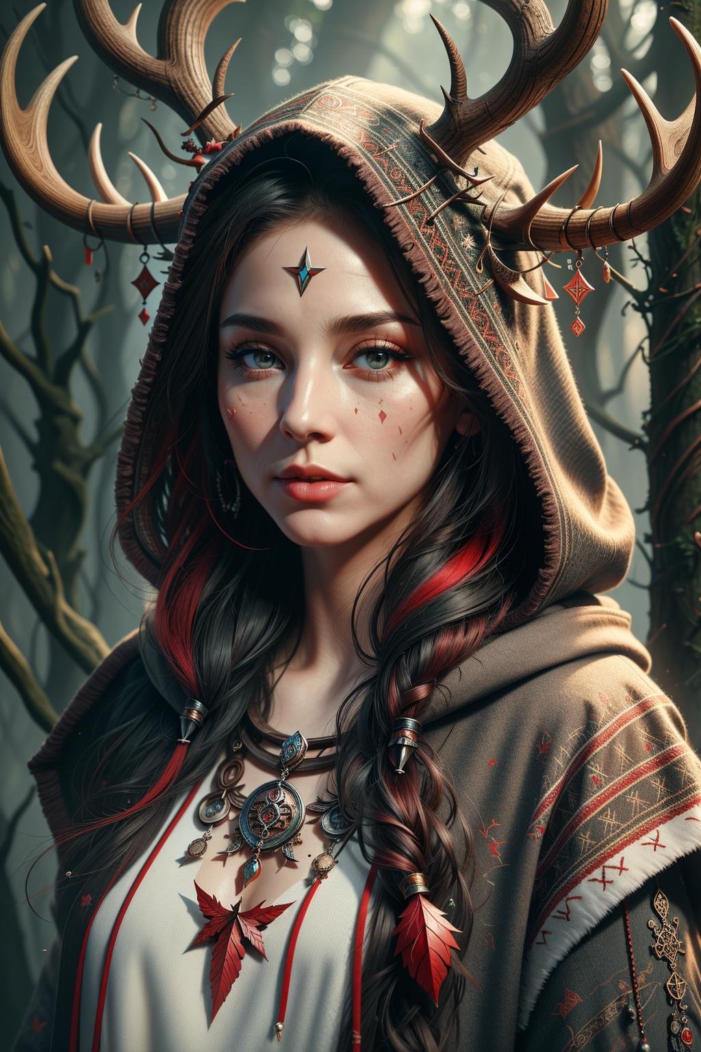 ((Masterpiece, best quality,edgQuality)),edgAntlers, a woman in a hoodie ,dressed in wooden antlers <lora:edgReindeerTeamAntlers:1>