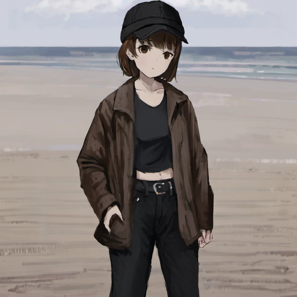 <lora:loneliness_xl_v2:0.8>,,a person standing on a beach with a hat on their head and a jacket on their shoulders and a black shirt on, 1girl, solo, looking_at_viewer, short_hair, bangs, brown_hair, shirt, hat, hair_between_eyes, closed_mouth, standing, cowboy_shot, open_clothes, pants, coat, black_shirt, expressionless, black_pants, hands_in_pockets, beanie