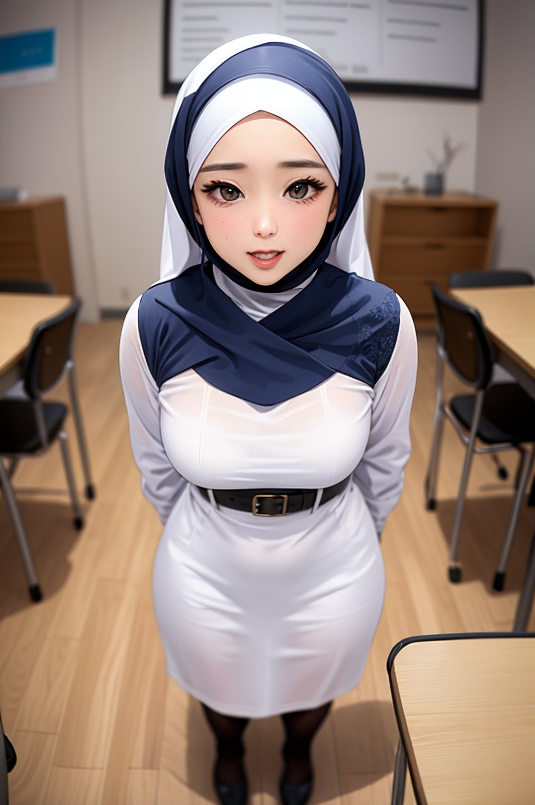 1girl, hijab, hijabergo, closeup,  in classroom, big ass, natural breast, beautiful face,  <lora:hijabergo:1>