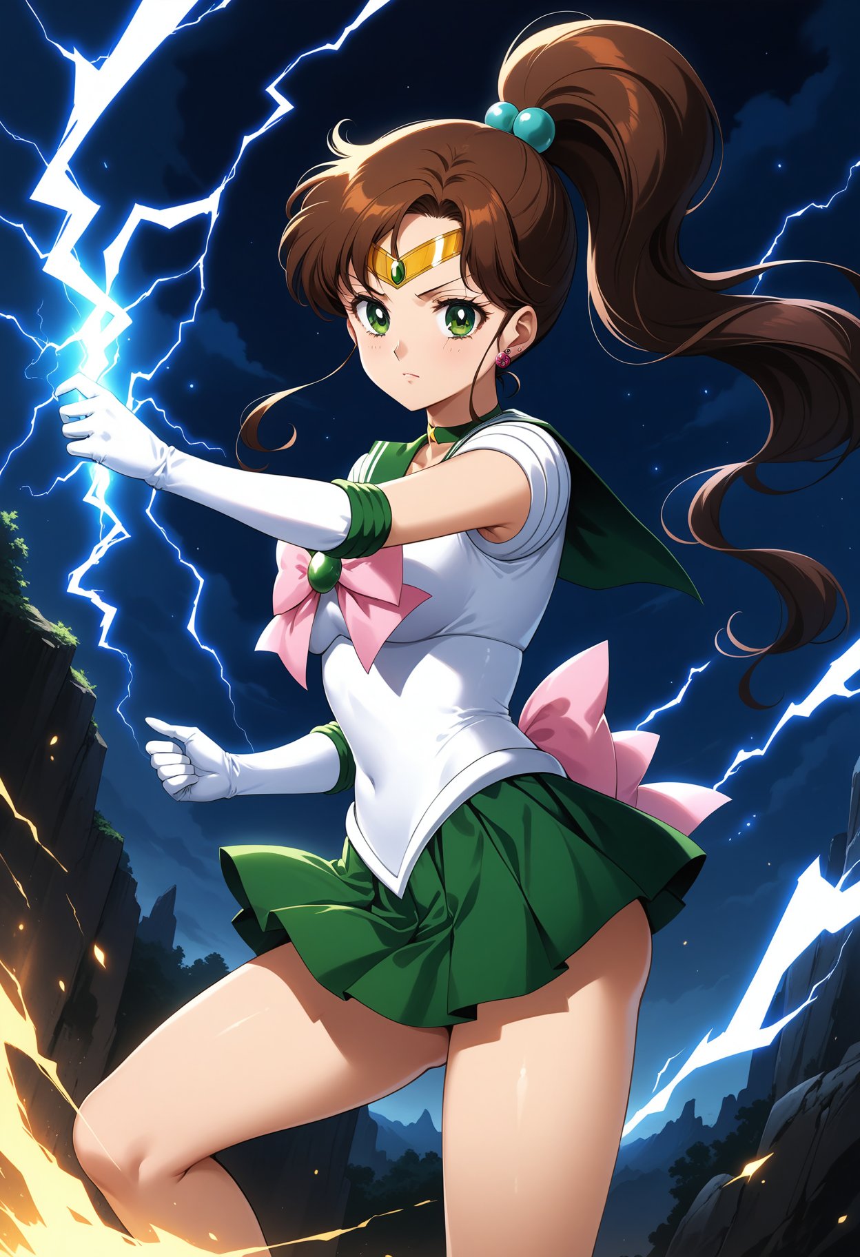 (masterpiece, best quality, very aesthetic, ultra detailed), intricate details, 4k, aajupiter, long hair, brown hair, ponytail, hair bobbles, tiara, earrings, green eyes, green choker, green sailor collar, pink bowtie, white shirt, elbow gloves, white gloves, green skirt, pleated skirt, bare legs, <lora:sailor_jupiter_animaginexl_v2:0.9>, magic, lightning, night, standing, cowboy shot