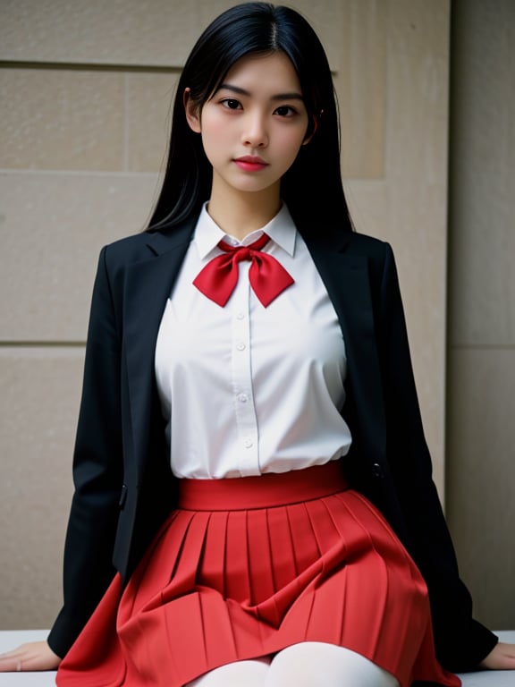 1girl-bishoujo, Traditional outfit with a knee-length skirt, matching blazer, and silk neckerchief, (((physically-realistic))), <lora:LCMv15:0.8> <lora:Elixir:1>