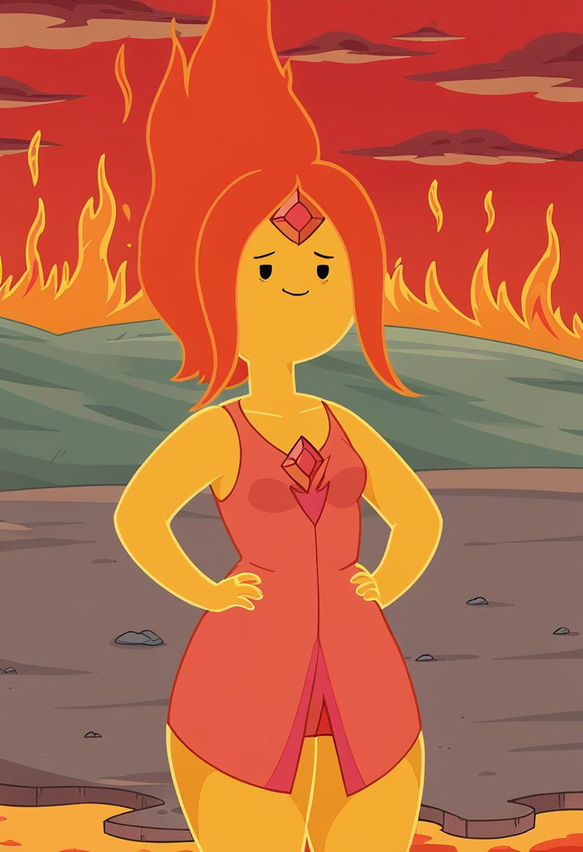 Flame Princess, Adventure Time, 1girl, solo, simple face, simple eyes, hands on hips, thick thighs, wide hips, small breasts, chubby, dress, bottom heavy, burning inferno, lava, masterpiece, best quality, high quality