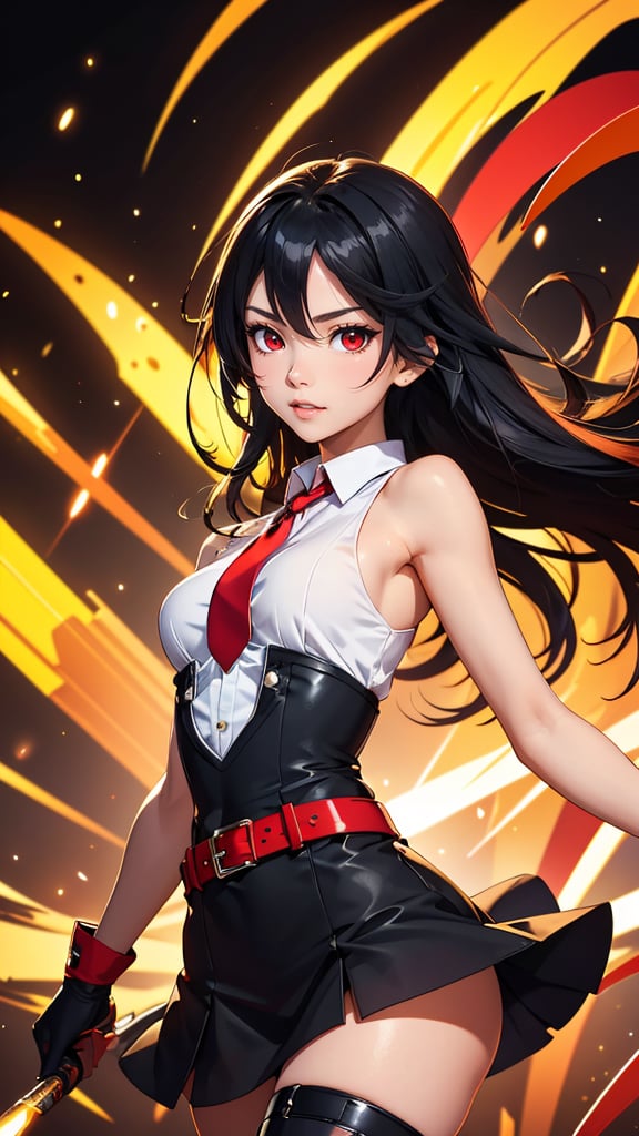 (best quality, masterpiece, colorful, dynamic angle, highest detailed) \Akame ga Kill!\, upper body shot, fashion photography of cute (Akame ga Kill!), perfect long black hair, red eyes, black dress, sleeveless, detailed white collar, black skirt, red belt around her waist, red and black gloves, long red tie, black socks, boots, (ultrahigh resolution textures), bokeh, light passing through hair, (abstract background:1.3),(official art)