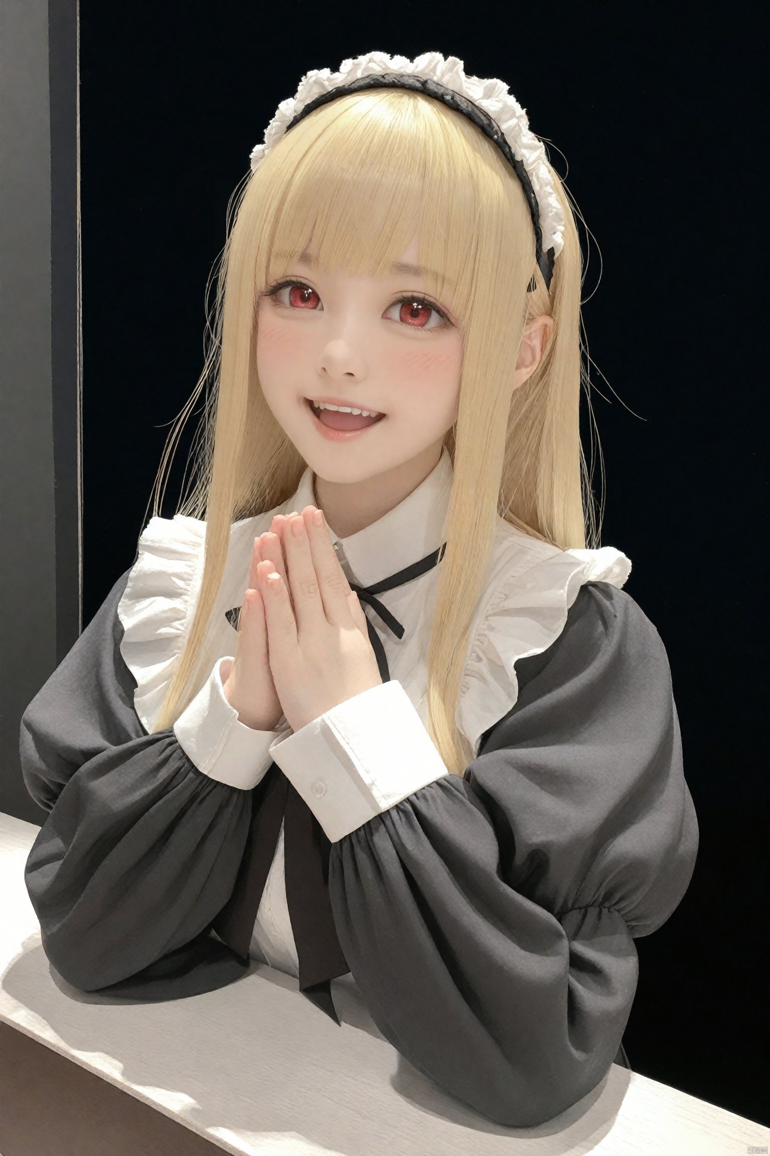 masterpiece,Realism,best quality,loli,1girl, solo, blonde hair, red eyes, long hair, looking at viewer, smile, long sleeves, open mouth, upper body, black background, bangs, blush, hairband, :d, own hands together, puffy sleeves, frills, bow, ribbon, white shirt, shirt, hands up, BREAK, fine fabric emphasis, best quality,amazing quality,very aesthetic,absurdres,masterpiece,best quality,amazing quality,very aesthetic,absurdres<lora:EMS-288516-EMS:0.000000>, <lora:EMS-300688-EMS:0.000000>, <lora:EMS-301024-EMS:0.300000>, <lora:EMS-339656-EMS:0.000000>, <lora:EMS-324355-EMS:0.000000>, <lora:EMS-344883-EMS:0.000000>