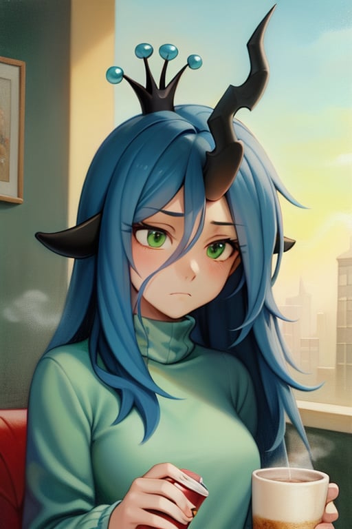 queen_chrysalis wearing (puffy sweater), chrysalis crown, hair between eyes, scene is cafe, chrysalis horn, natural expression, serene, looking away, chrysalis ears, holding cafe cup, steam, background out of focus, melancholy, (painting), (traditional media), <lora:chrys:1>, masterpiece, best quality