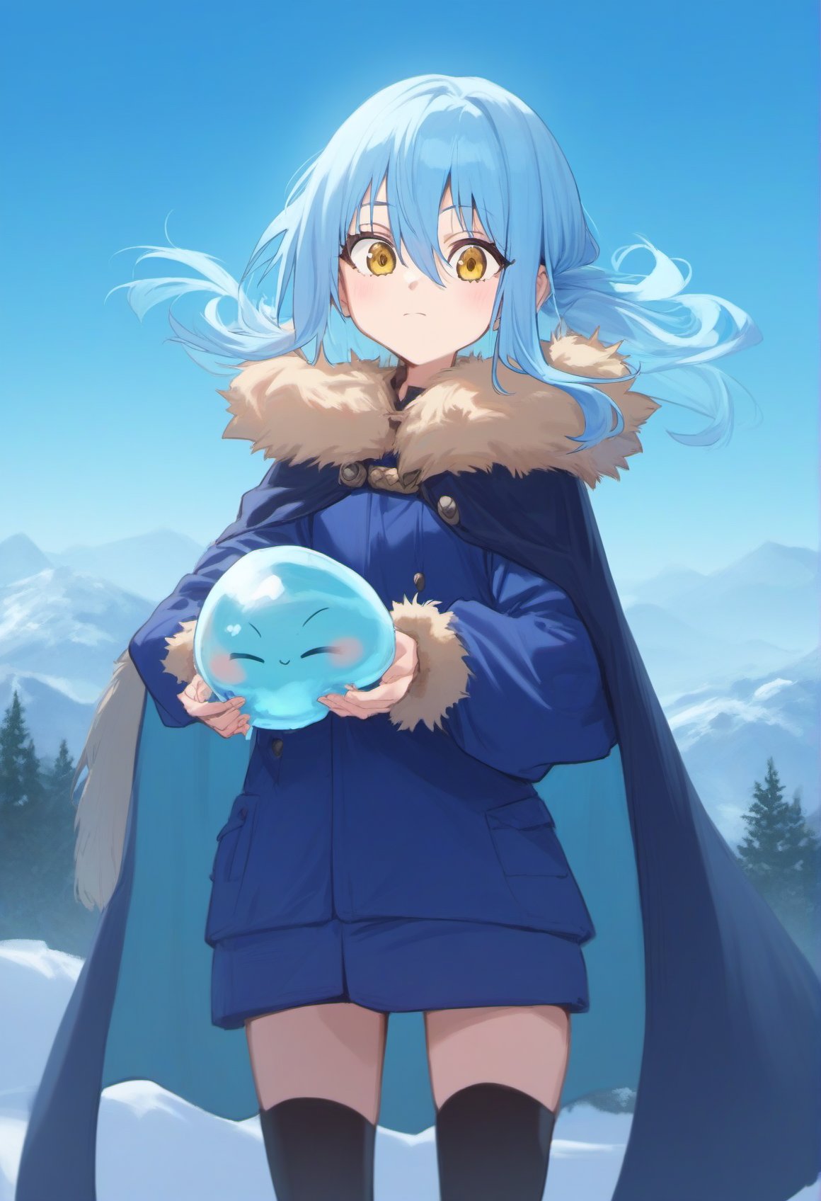 score_9, score_8_up, score_7_up, score_6_up,tsepmet_urumir_xl, rimuru tempest, rating:safe, blue hair, cape, fur trim, long hair, yellow eyes, hair between eyes, fur-trimmed jacket, fur-trimmed legwear, blue fur trimmed jacket, holding slime \(creature\), cute, = =. + +,official wallpaper, on a snowy mountain, backlighting, cowboy shot,<lora:Rimuru_Tempest_XL_Pony:1>