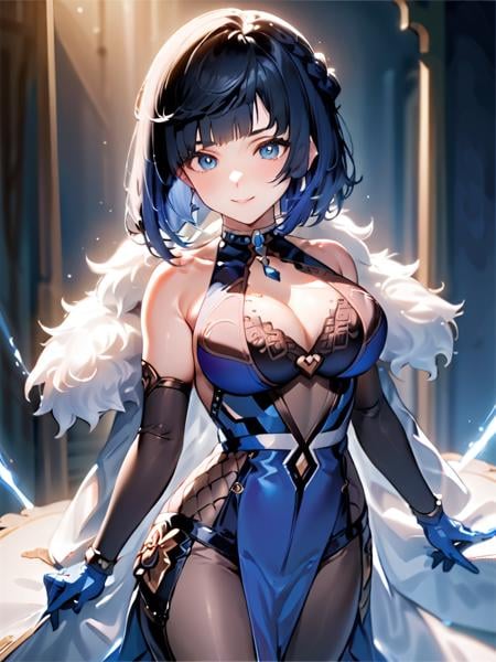 ultra-detailed,(best quality),((masterpiece)),(highres),original,extremely detailed 8K wallpaper,(an extremely delicate and beautiful),best_hand,anime,1girl, <lora:Yelan:1>, (\ye lan\), 1girl, solo, cleavage, bangs, gloves, large breasts, bare shoulders, looking at viewer, fur trim, elbow gloves, blue dress, jewelry, full body, parted lips, black gloves, clothing cutout, sleeveless, cleavage cutout, earrings, smile, ,True Love