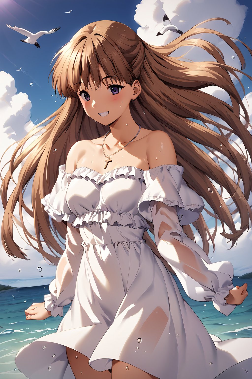 score_9, score_8_up, score_7_up, score_6_up, score_5_up, score_4_up, source_anim, high detailed,very aesthetic, kanzaki asuka, 1girl, blonde hair, smile, dress, cloud, sky, outdoors, facing viewer, wading, white dress, brown hair, necklace, blush, water, day, grin, jewelry, long hair, floral print, blue sky, ^_^, cloudy sky, bird, bare shoulders, standing, off shoulder, long sleeves, ocean, frills, off-shoulder dress, arms at sides, water drop, wet, collarbone, frilled dress, cross, see-through, teeth, cross necklace, cowboy shot, print dress, floating hair, frilled sleeves, wind, wet clothes, open mouth, short dress, seagull, masterpiece, best quality, cute girl, beautiful girl, perfect body, perfect face, shiny eyes,<lora:kanzaki asuka auti:0.8>