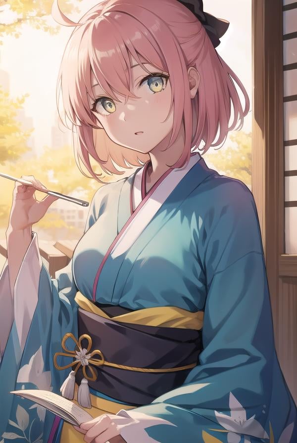 okitasouji, <lora:okitasoujitest:1>, okita souji, ahoge, black bow, pink hair, hair between eyes, hair bow, short hair, (yellow eyes:1.5),BREAK japanese clothes, kimono, sash, pink kimono,BREAK outdoors, city,BREAK looking at viewer,BREAK <lora:GoodHands-vanilla:1>, (masterpiece:1.2), best quality, high resolution, unity 8k wallpaper, (illustration:0.8), (beautiful detailed eyes:1.6), extremely detailed face, perfect lighting, extremely detailed CG, (perfect hands, perfect anatomy),