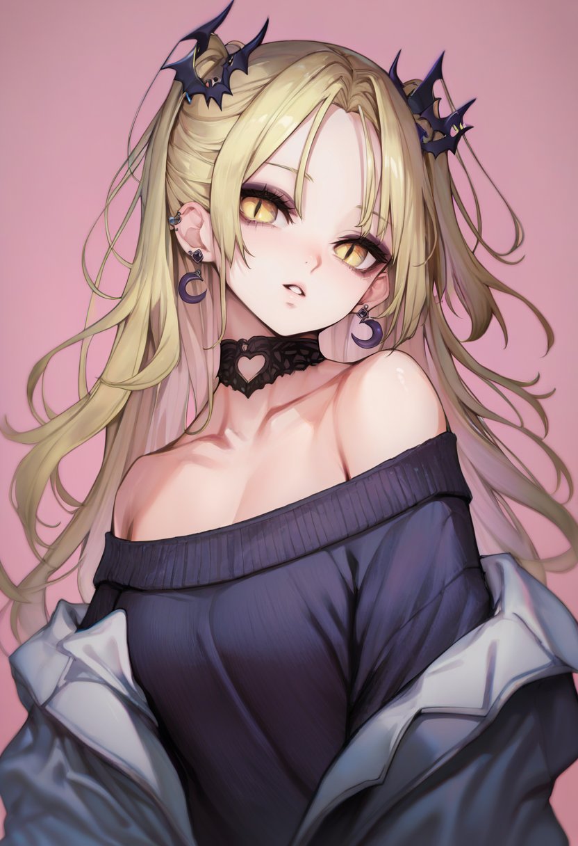 score_9, score_8_up, score_7_up, score_6_up,  <lora:michikingV2XL_P6_lokr_V2234:0.95> 1girl, bat hair ornament, solo, choker, long hair, makeup, blonde hair, eyeshadow, yellow eyes, looking at viewer, hair ornament, pink background, black choker, earrings, jewelry, off shoulder, parted lips, collarbone, parted bangs, simple background, bangs, eyeliner, bare shoulders, piercing, upper body, mascara, forehead, lace trim, ear piercing, off-shoulder shirt, shirt, virtual youtuber, off-shoulder sweater, sweater