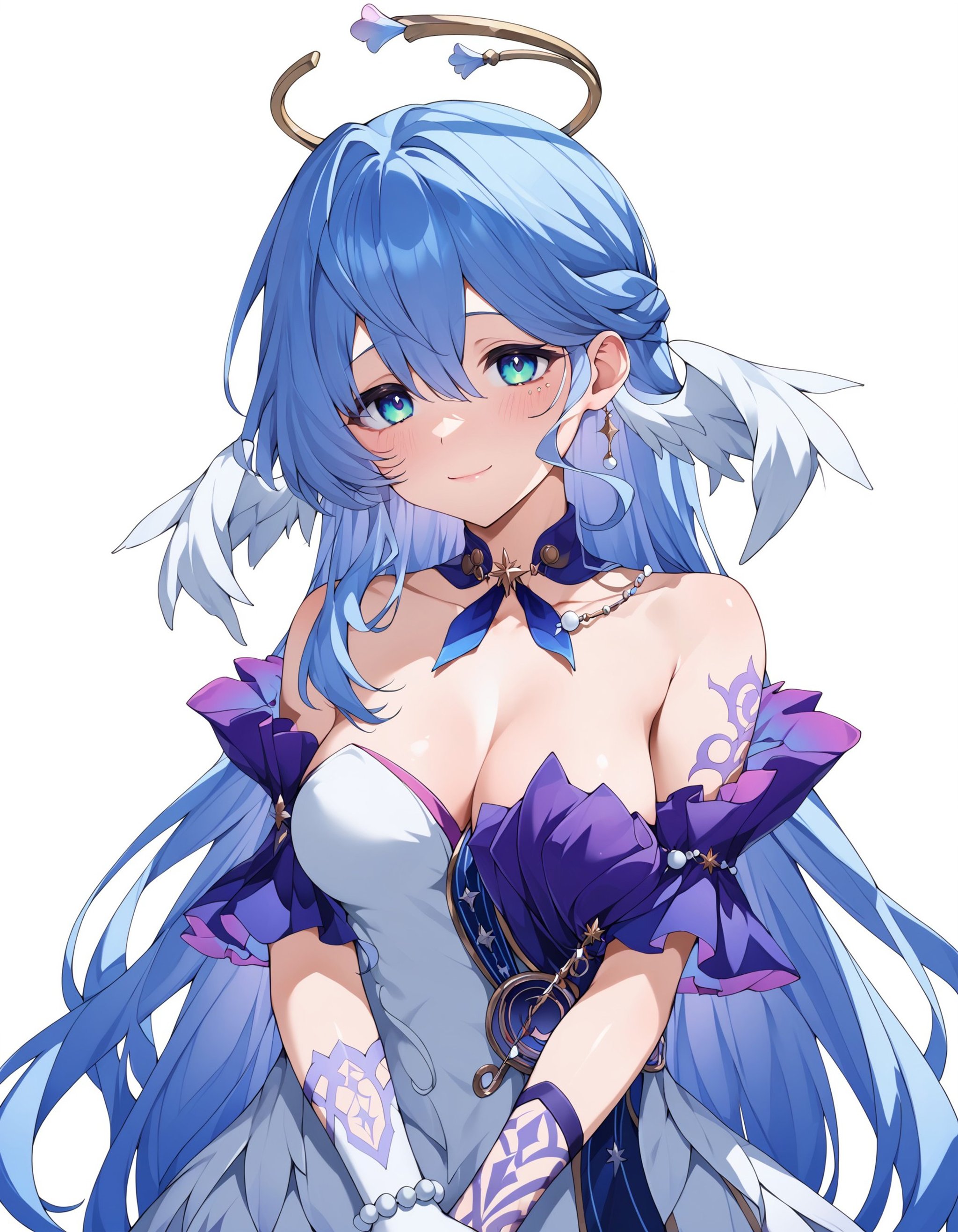 1girl, Robin, solo, long hair, breasts, looking at viewer, blush, smile, bangs, blue eyes, simple background, gloves, white background, dress, cleavage, hair between eyes, bare shoulders, jewelry, medium breasts, very long hair, closed mouth, blue hair, upper body, virtual youtuber, white gloves, bracelet, tattoo, halo, beads, off-shoulder dress, bead bracelet, <lora:5ebb583e-b819-44e8-9574-1d479198ab37:0.7>