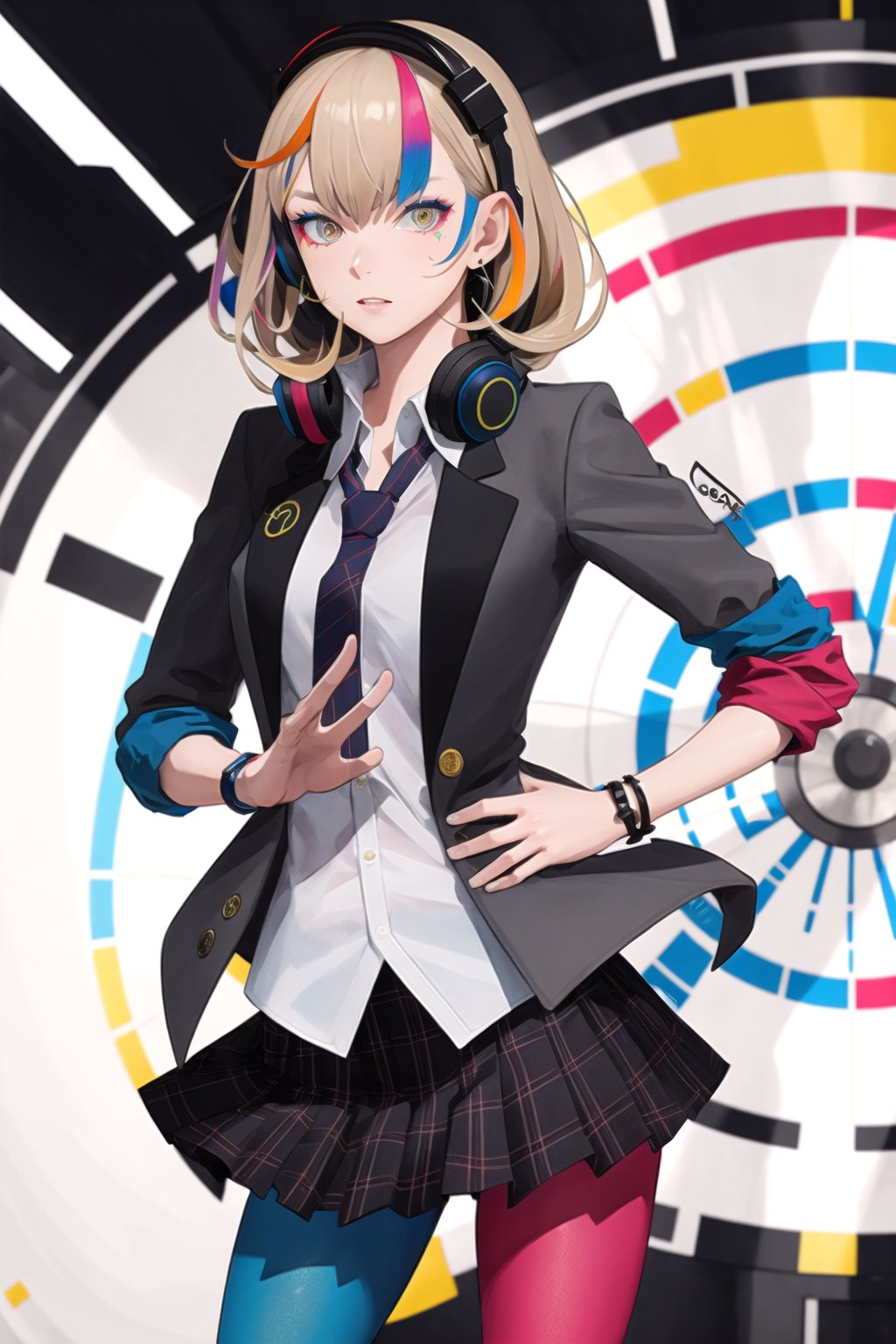 best quality, masterpiece, 1girl, solo <lora:waccaLiz-000100:0.9>, elizabeth (wacca), headphones, multicolored clothes, necktie, jacket, plaid skirt, pantyhose