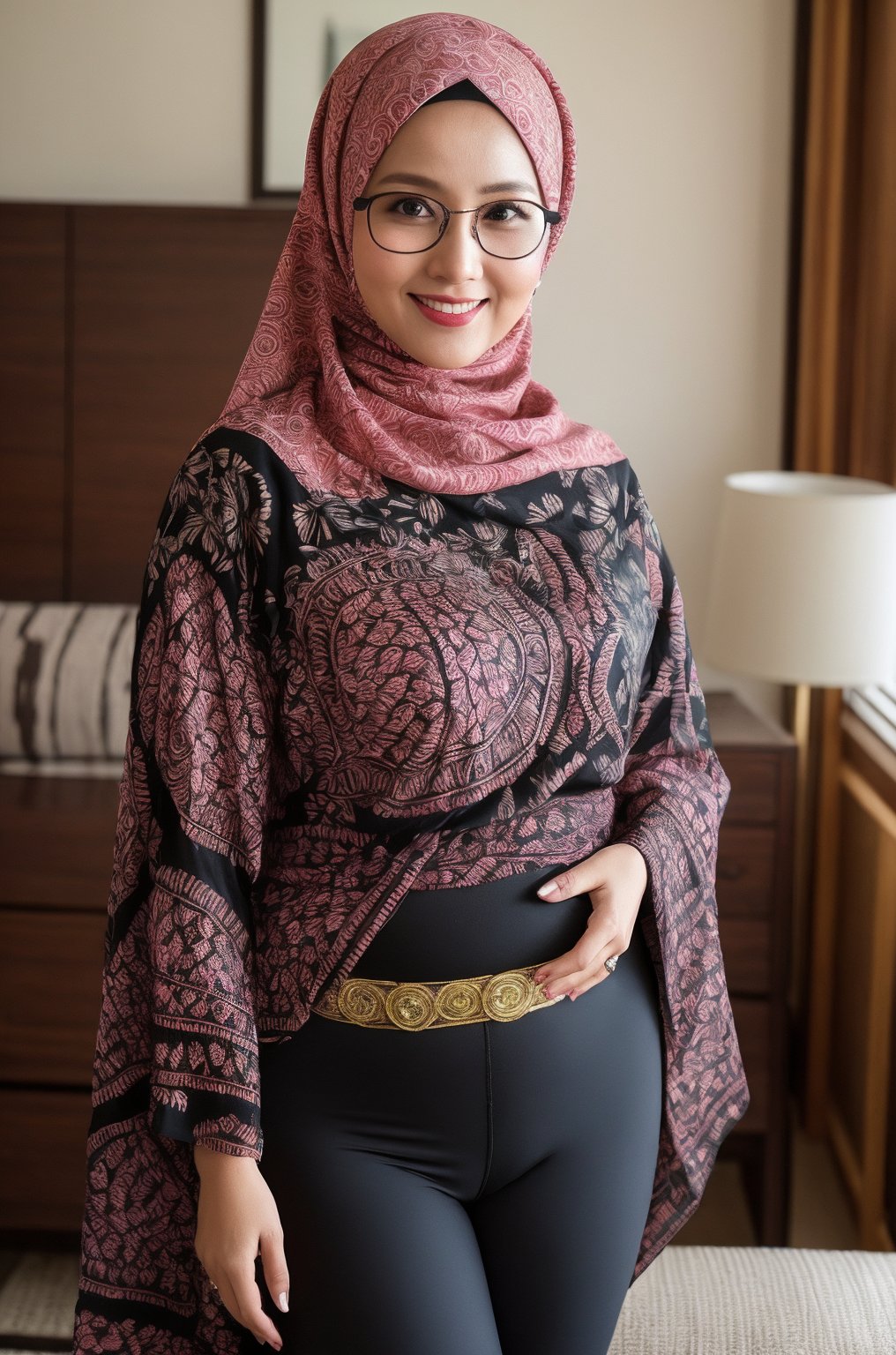 1girl, javabatik, pink and black batik, pattern batik, super realistic 3/4 shot, passionate pose, professional photography portrait of a 30 year old hijab woman in the luxury room, very realistic skin, cinematic lighting, very original batik fabric details, glasses, holding a waist, super thin and transparent leggings, long sleeve striped t-shirt, (big hips: 1.2), smiling, looking at the camera, (masterpiece :1.0), (best quality: 1.0), beautiful, (intricate details), unity 8k wallpaper, very detailed and really brightens up the realistic room, <lora:javabatik_1:0,8>