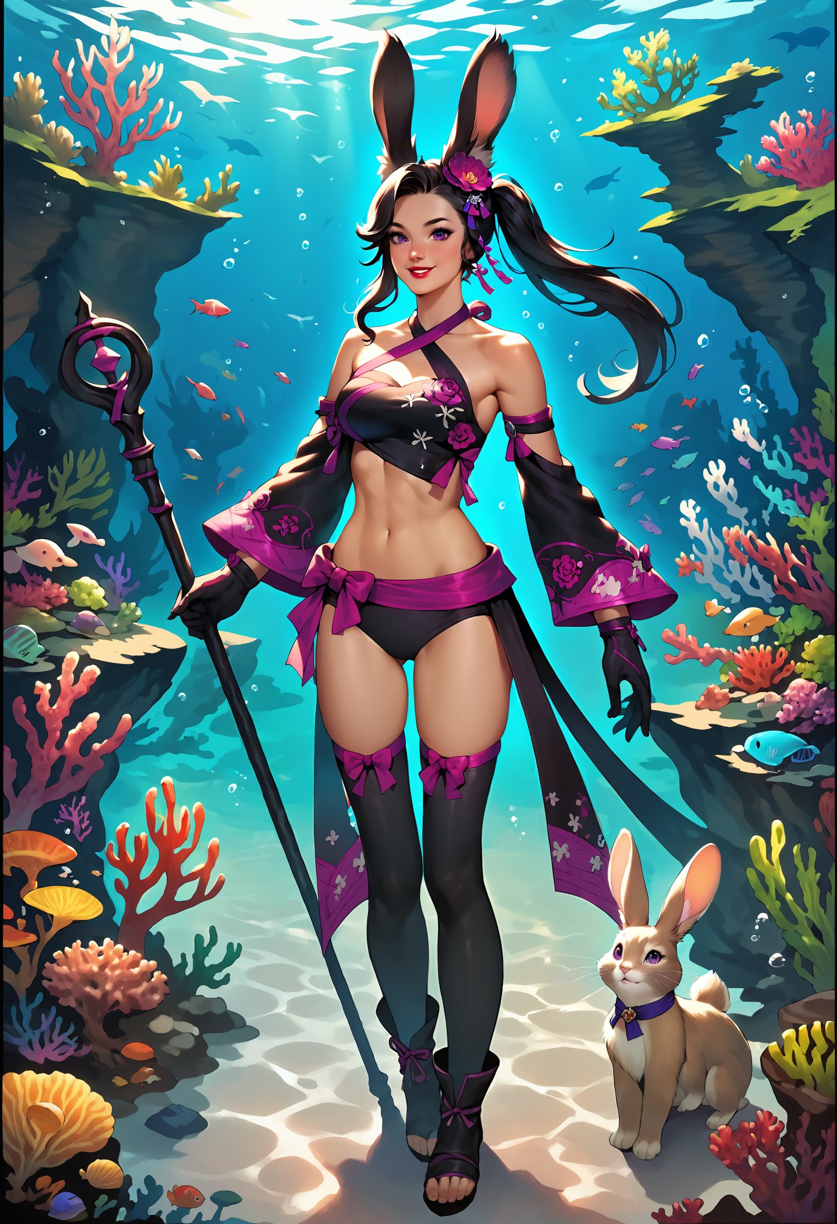 zPDXL,score_9, score_8_up, score_7_up, 1girl, realistic, monastery, underwater, coral reef, full body, viera, dark skin, black hair, purple eyes, ponytail, long hair, <lora:Shisui_Caster_FFXIV:.75> shisuicaster, detached sleeves, criss-cross halter, boots, bandeau, black thighhighs, gloves, hair flower , navel,  bare shoulders, midriff,  red lipstick, looking at viewer, smile, holding staff