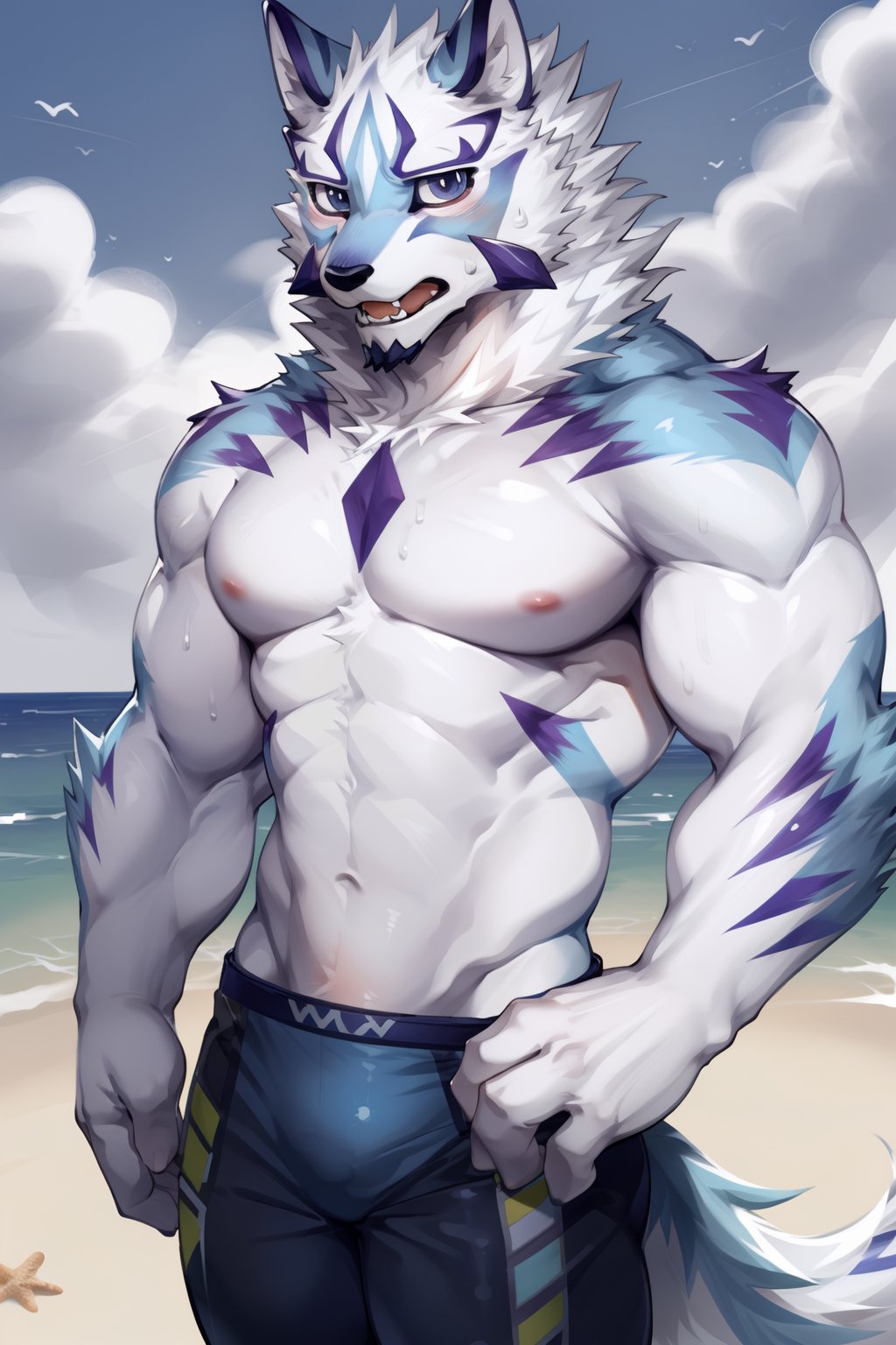 (anime art, uploaded on e621:1.3), (boy), (anthropomorphic, furry:1.2), teenagers, male, cute, sadayoshi, (cute_anatomy:1.4), (muscle body, slim waist, broad shoulders, thin hip, slim arm, big pecs), ((blue fur, white abdominal, wolf tails)), (anime, blue eyes), (better hand:1.3), (shy face, blushy face), ((blue swimwear, swimming, tight, skintight, jammers)) ((glossy:0.4)), sweat drops, (stand, front, looking away), ((beach)), BREAKanime stylized, (by_chung0_0:1.3), by kiyosan, milkytiger1145, by honovy, by null ghost, by darkgem, ruan jia, (best quality, high quality:1.4), aid210,best quality, good quality,flaccid,nj5furry,pantpulldown,sadayoshi<lora:EMS-87113-EMS:0.500000>, <lora:EMS-339028-EMS:1.000000>