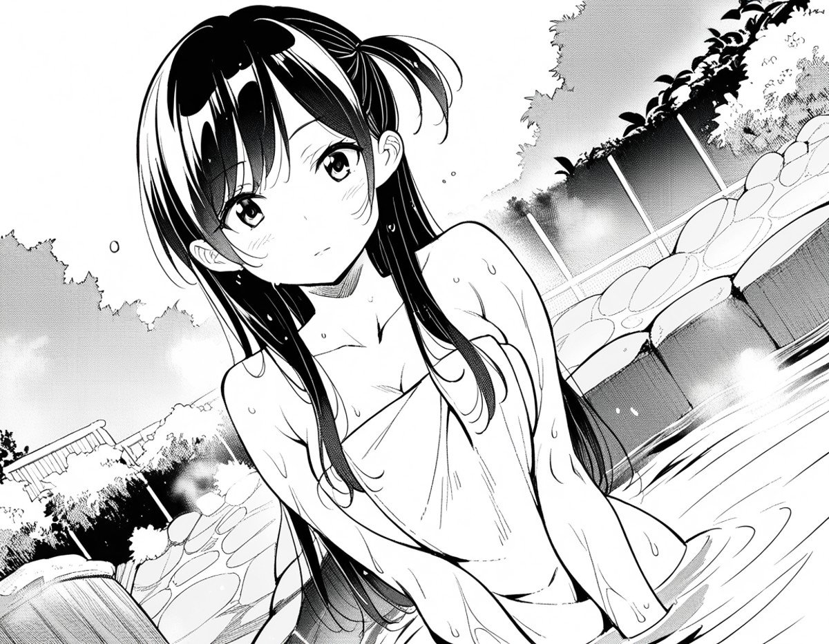 score_9, score_8_up, score_7_up, source_anime,chizuruichinose, <lora:chizuru-ichinose-manga-ponyxl-lora-nochekaiser:1>,chizuru ichinose, long hair, bangs, one side up, greyscale, monochrome,nude, naked, outdoors, onsen, towel, naked towel, steam, bathing, nude cover, partially submerged, water, bath, steam censor, wet towel,looking at viewer, dutch angle, cowboy shot, solo,