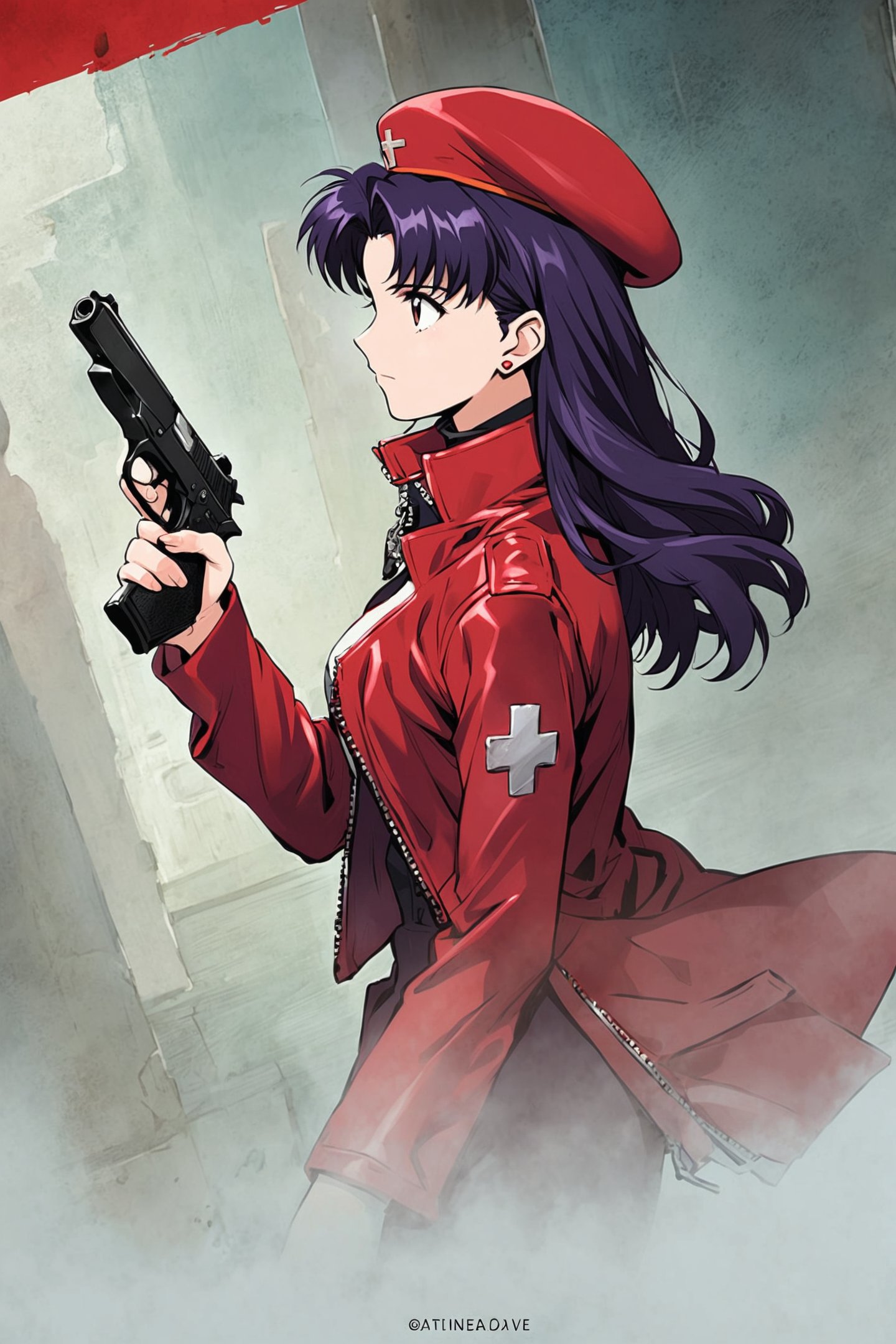 katsuragi misato,1girl,jewelry,weapon,gun,solo,hat,earrings,handgun,holding,long hair,stud earrings,holding weapon,jacket,open clothes,necklace,profile,open jacket,long sleeves,red jacket,holding gun,bangs,beret,zipper,closed mouth,purple hair,cross,black hair,turtleneck,parted bangs,upper body,dress,watermark,from side,finger on trigger,fingernails,unzipped,trigger discipline,looking away,red headwear,uniform,cowboy shot,dutch angle,<lora:Sadamoto Yoshiyuki_XL_V3:0.8>,