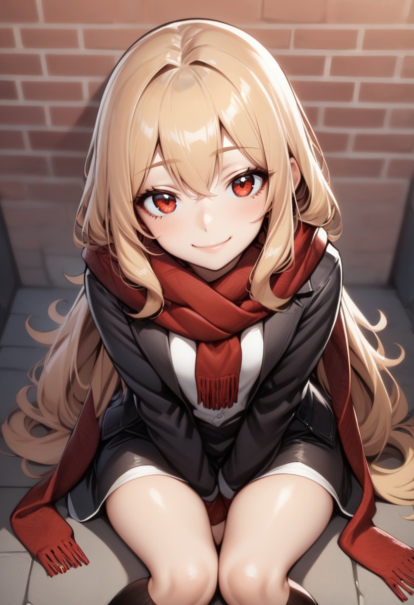 1girl, between legs, blonde hair, brick wall, hand between legs, kneehighs, long hair, looking at viewer, red eyes, scarf, sitting, smile, socks, solo, 