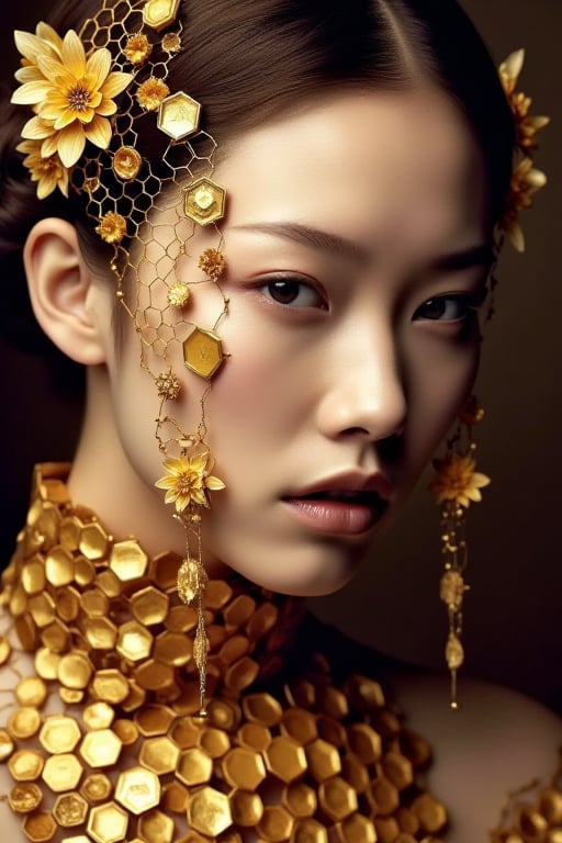 An Asian woman with a golden honeycomb and bees decorated,exudes a kind of ethereal beauty,