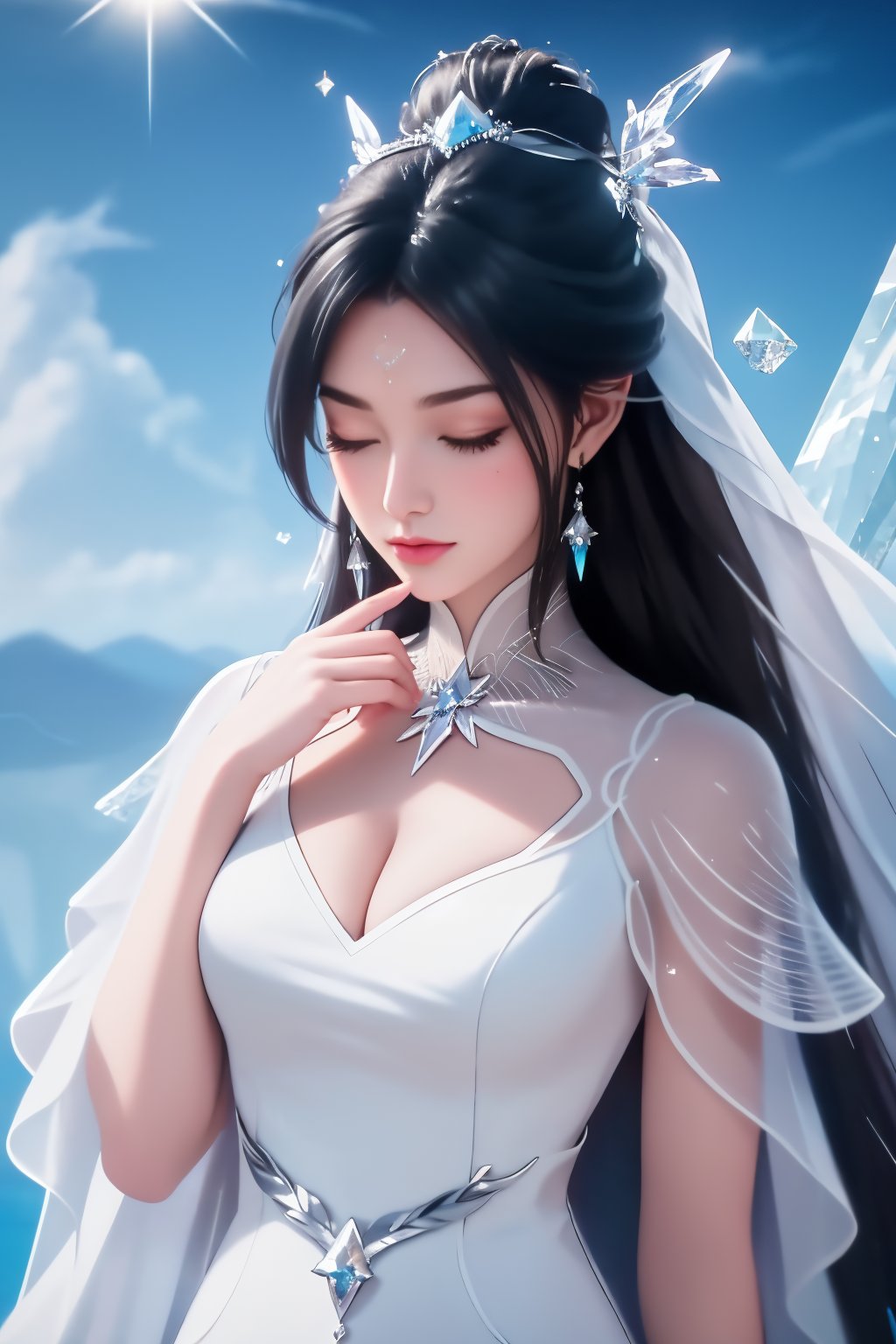 RAW photo,8k uhd,1girl,head_down,black hair,eyes_closed,hair down to chest,dress,jewelry,upper body,earrings,sky,forehead mark,white dress,crystal shard,unreal background,catfish bangs,very long hair,hair ornament,sunshine,masterpiece,<lora:lbc_luxueqi_240331_v1.1-000009:0.9>,