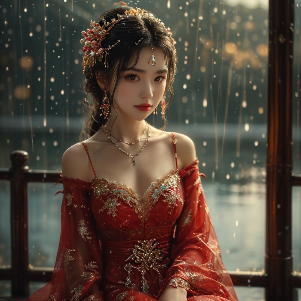 AncheReddressgirl,1girl,rain,solo,jewelry,forehead jewelry,necklace,hair ornament,sitting,red dress,black hair,dress,looking at viewer,best quality,masterpiece,original,best quality,highly detailed,