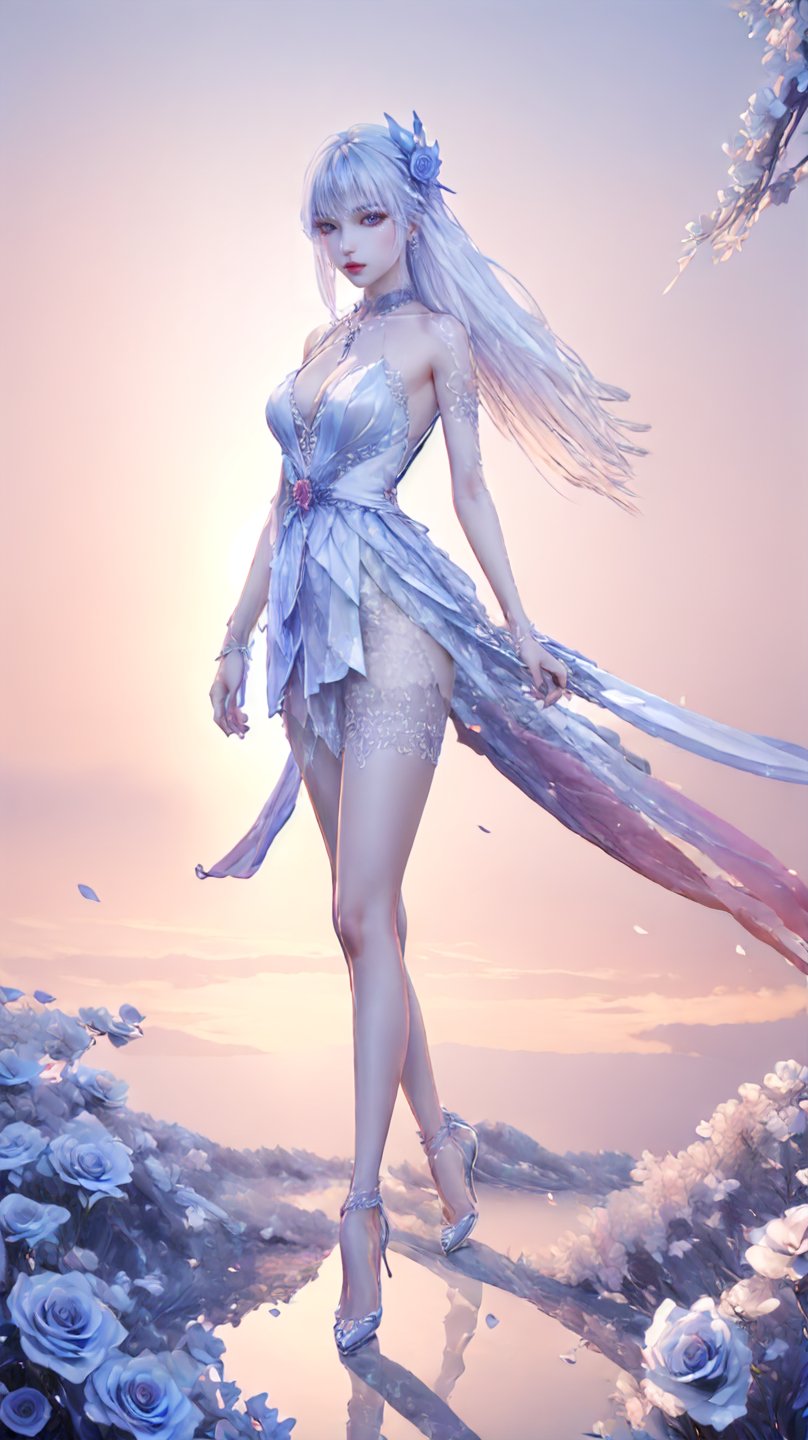 cr,1girl,solo,full body,white dress,white hair,long hair,hair ornament,jewelry,high heels,red eyes,looking at viewer,hair_ornament,metal hair accessories,blue_dress,flower field,sunset,blue_sky,,pink rose,<lora:玫瑰花场景-王导:0.6>