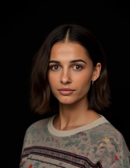 A closeup portrait photo of a woman with medium length hair who gazing directly at the camera with a neutral expression. She is wearing a multicolored knitted sweater against a dark background. Spotlight illumination. <lora:Naomi_Scott_FLUX_v1-000031:1> 