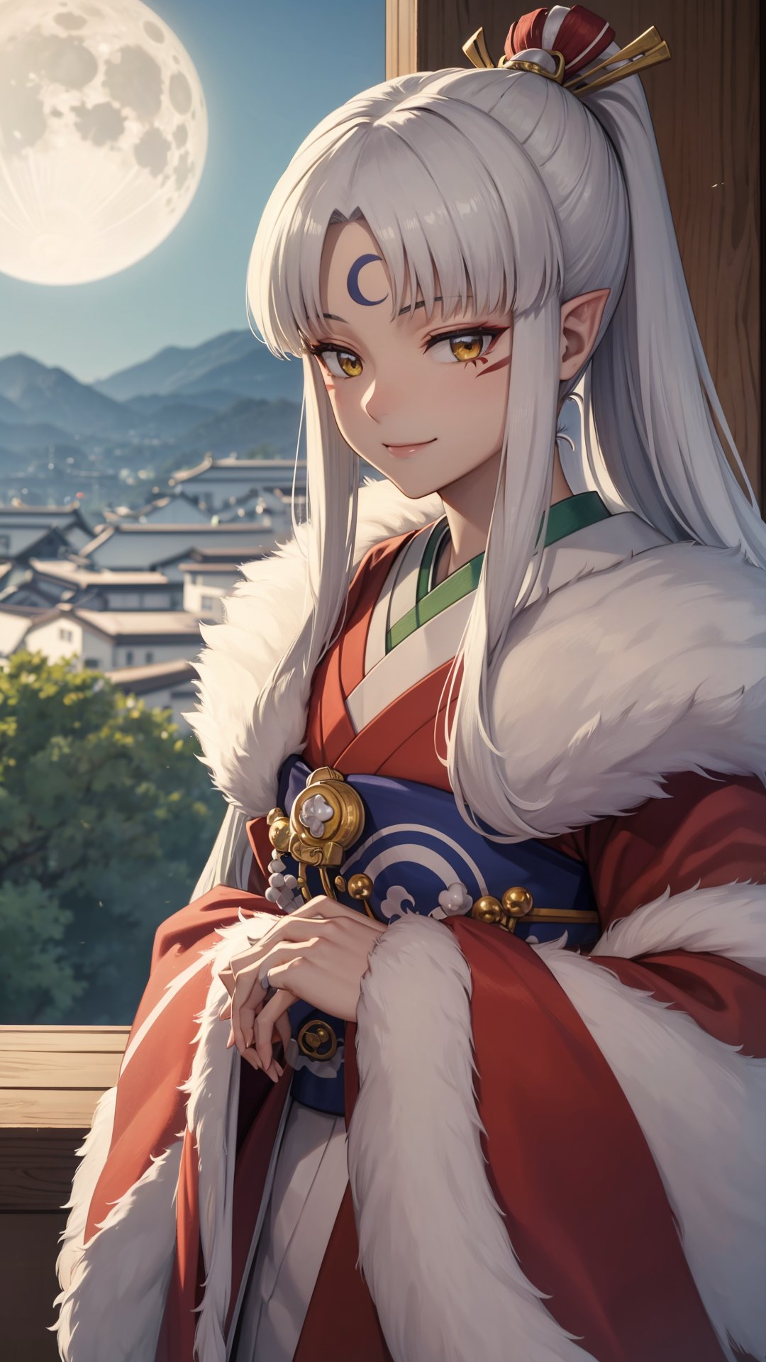 (masterpiece, best quality),ray tracing,absurdres, HDR,Sesshomaru imoto, pointy ears, solo, yellow eyes, long hair, japanese clothes, facial mark, jewelry, 1girl, white hair,  forehead mark, kimono, necklace,  looking at viewer, cowboy shot, magatama, smile, closed mouth, sidelocks, fur trim, , bangs, fur, moon on the forehead<lora:Sesshomaru imoto:0.7>