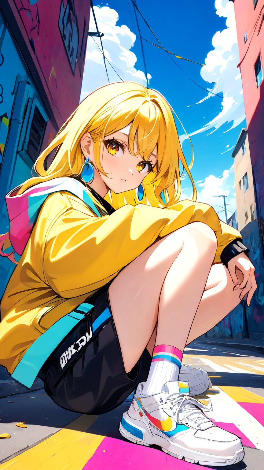 (official art, unity 8k wallpaper, ultra detailed, High quality, best quality), extremely detailed illustrition, (graffiti art), street style fashion, (Poladroid:0.8), cinematic angle, oblique sideways, (round image:1.1), [(pale yellow background:1.5): :5]//, rich colorful, (chromatic aberration), alternate color,\n(1girl:1.2), long messy hair, [pink light:2 | blue:1] hair, white fashion hat, midriff, balck hot pants, loose socks, earrings, full body,\n(colorful clouds:1.2), beautiful sky, detailed backgrounds, (colorful backgrounds:1.3)