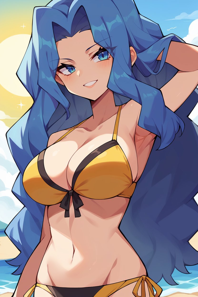 score_9, score_8_up, score_7_up, score_6_up, source_anime, BREAK 1girl, solo <lora:pkmnkaren-pdxl-nvwls-v1-000005:1> pkmnKaren, very long hair, blue hair, big breasts, yellow swimsuit, bikini, ribbon bikini, looking at you, wink, arm up, beach, sun