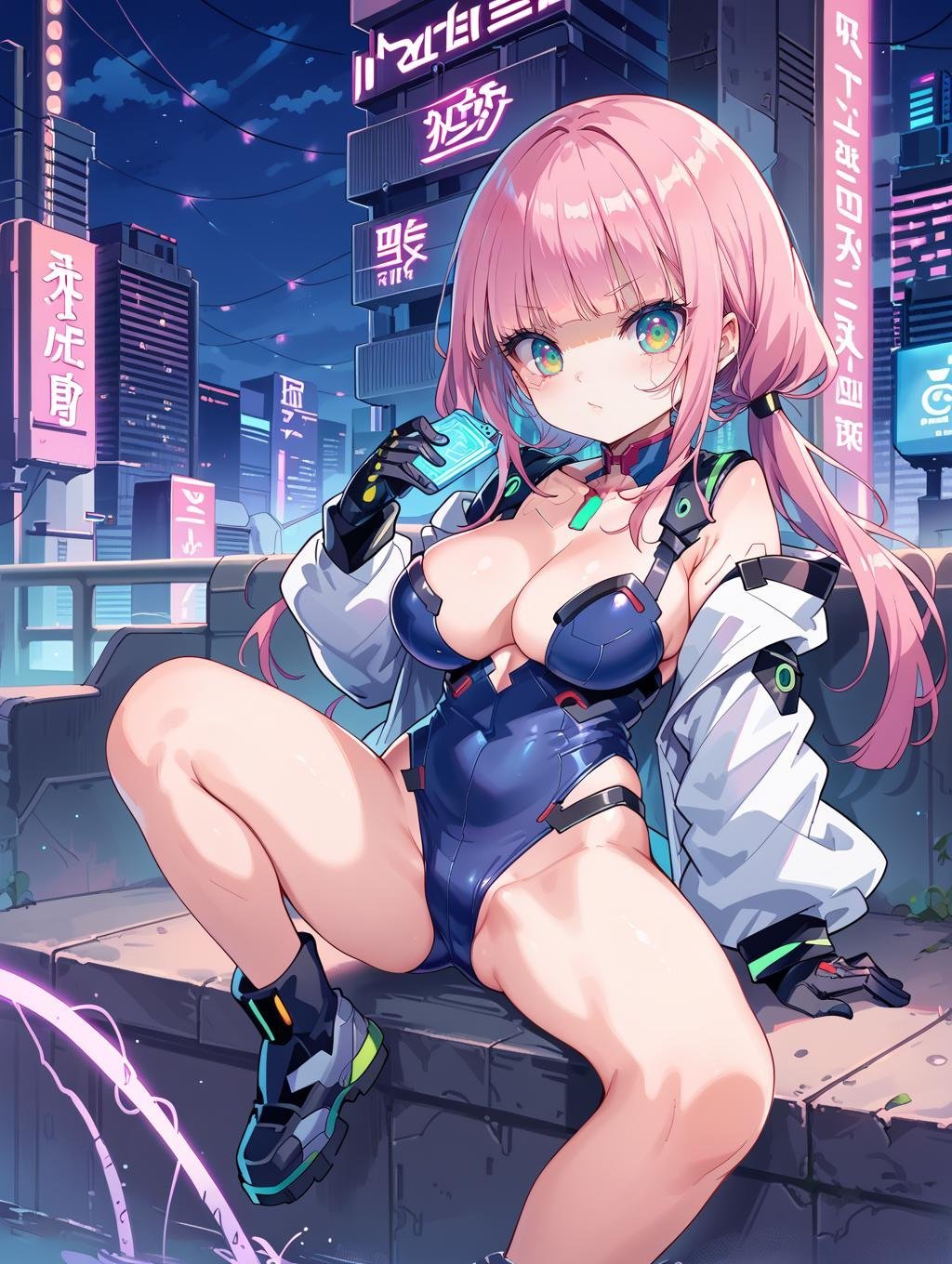 score_9, score_8_up, score_7_up,1girl,low_twintail,blunt_bangs,large breasts, cyberpunk,semi-mechanical girl,sitting on the tiantai,background vast urban landscape,night,neon lights,gale,