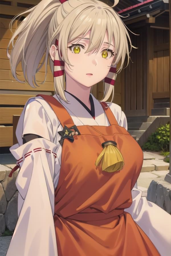 ukanomitamanokami, <lora:uka no mitama no kami s1-lora-nochekaiser:1>,uka no mitama no kami, long hair, blonde hair, hair ribbon, (yellow eyes:1.5), ponytail, tress ribbon,BREAK japanese clothes, miko, apron, (red apron:1.5),BREAK outdoors, shrine,BREAK looking at viewer, (cowboy shot:1.5),BREAK <lyco:GoodHands-beta2:1>, (masterpiece:1.2), best quality, high resolution, unity 8k wallpaper, (illustration:0.8), (beautiful detailed eyes:1.6), extremely detailed face, perfect lighting, extremely detailed CG, (perfect hands, perfect anatomy),