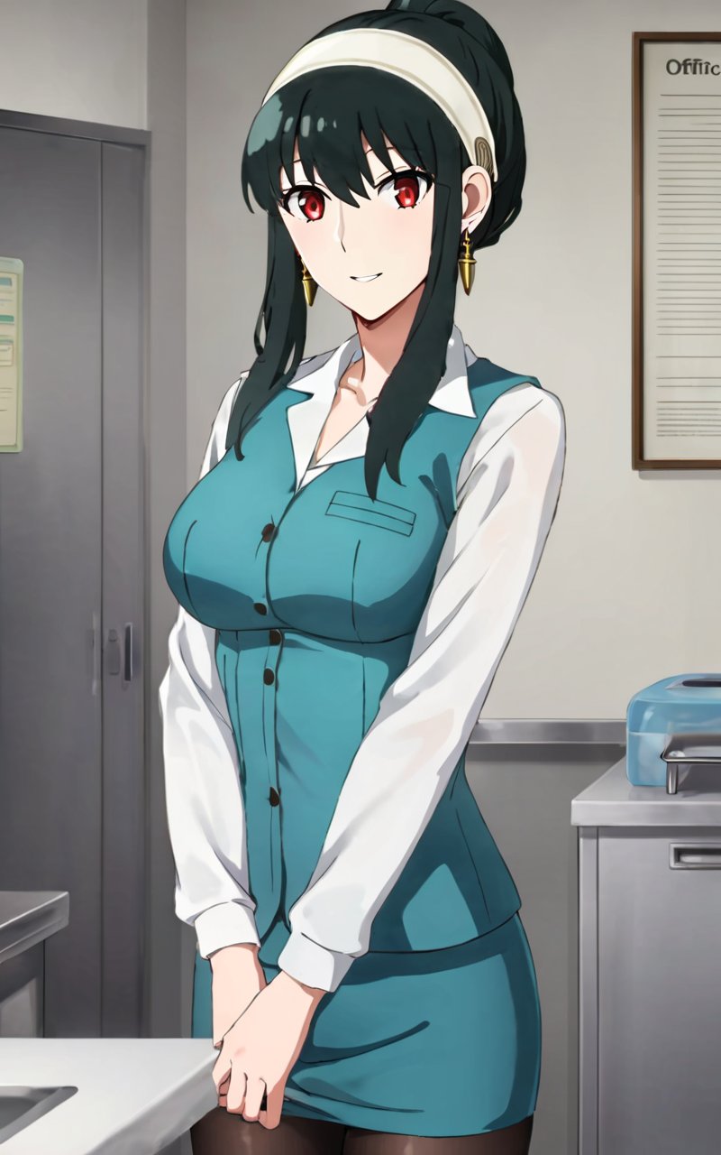 1girl, <lora:sdxl-sf-yor_briar:0.9>, yor briar, jimufuku, updo (folded ponytail hair pulled back), (Folded tied hair), white open-collared shirt, turquoise vest, turquoise Pencil Skirt, office, Hot water supply room, office break room , black pantyhose, white hairband , black hair sideburns, (slanted eyes) red eyes, medium breasts, shiny hair, bangs, gold earrings, long locks, hair between eyes, skindentation smirk 