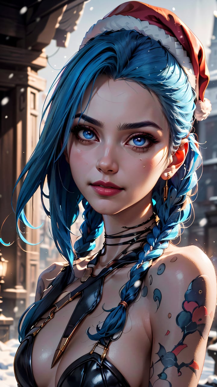 (best quality, masterpiece, colorful, dynamic angle, highest detailed)(Jinx, Legue of Legends, Arcane) upper body professional photo, award winning fashion photography of sexy, intense blue long hair, Jinx  <lora:JinxLol:1>, Legue of Legends, Arcane, Santa Clauss hat, flirting, bokeh, (intricate details, hyperdetailed:1.15), detailed, moonlight passing through hair, perfect snowing night (fantasy background, extreme detailed, highest detailed, natural skin texture, hyperrealism, soft light, sharp, perfect face), HDR+