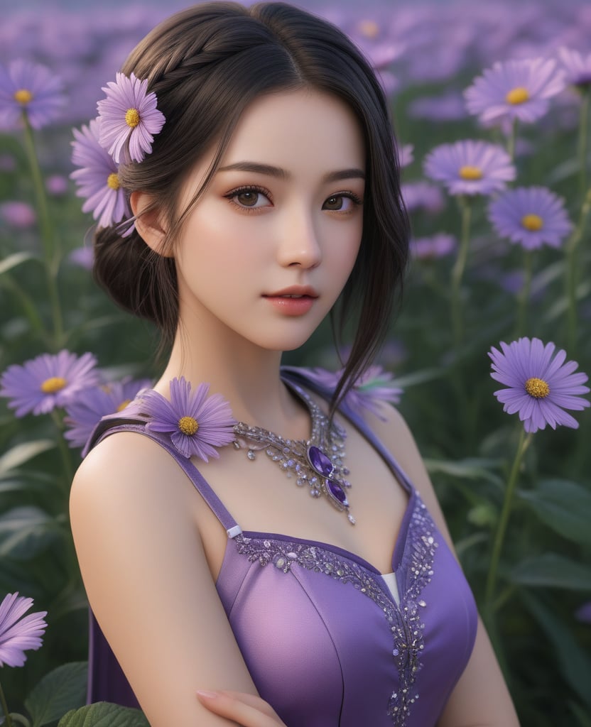 (,1girl, ,best quality, )masterpiece, fantasy, realistic,science fiction,mole, ultra realistic 8k cg, ,tamari \(flawless\),    ,purple flower,       (()), (()),