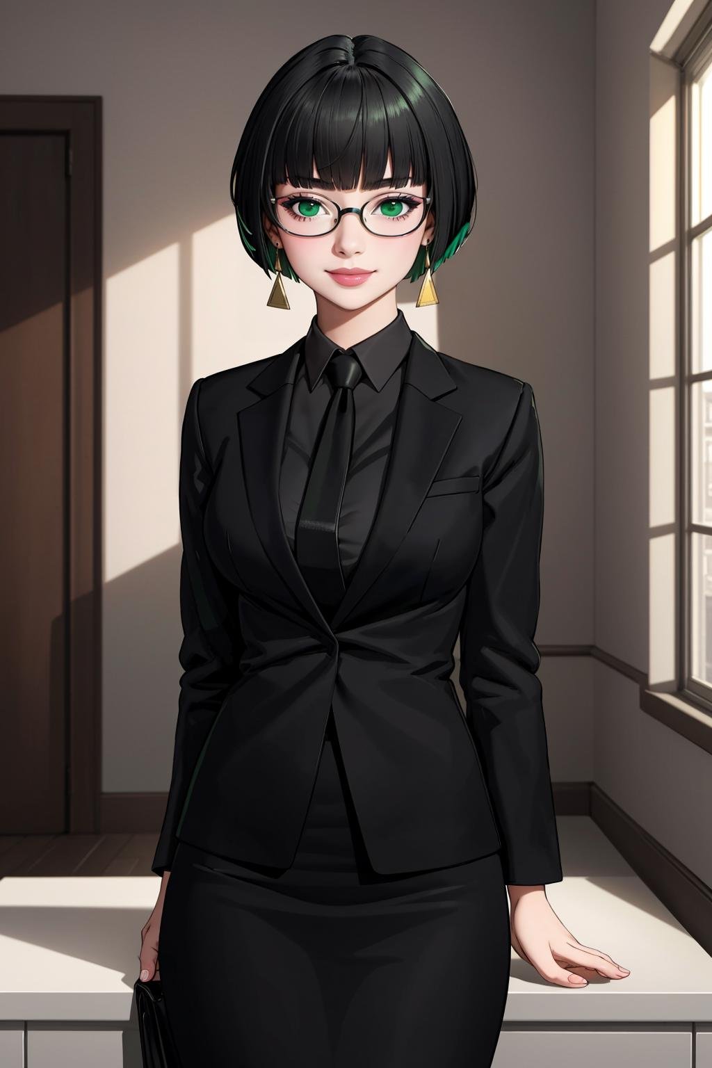 ((Masterpiece, best quality,edgQuality))smiling,solo,1girl,posing for a picture,edgAllmind,bob cut,blunt bangs,two tone hair,golden earrings,black suit,necktie, green eyes,pencil skirt,glasses<lora:edgArmoredCore6Allmind:0.8>