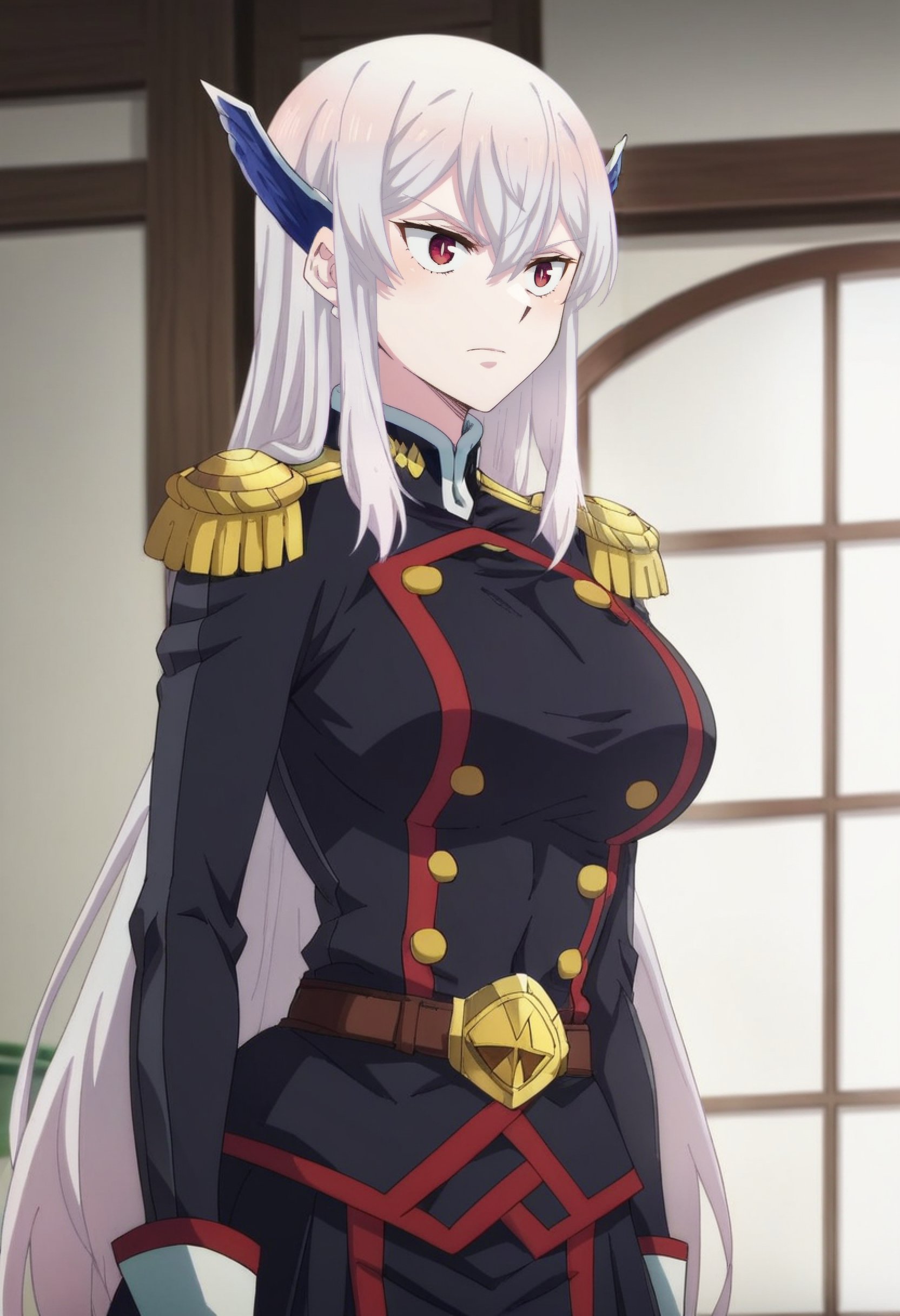 <lora:Kyouka Uzen:1>kyouka uzen, long_hair, 1girl, solo, white_hair, red_eyes, hair_between_eyes, large_breasts,    uniform, military, epaulettes, military_uniform,, score_9, score_8_up, score_7_up, score_6_up, score_5_up, score_4_up ,BREAK source_anime, anime