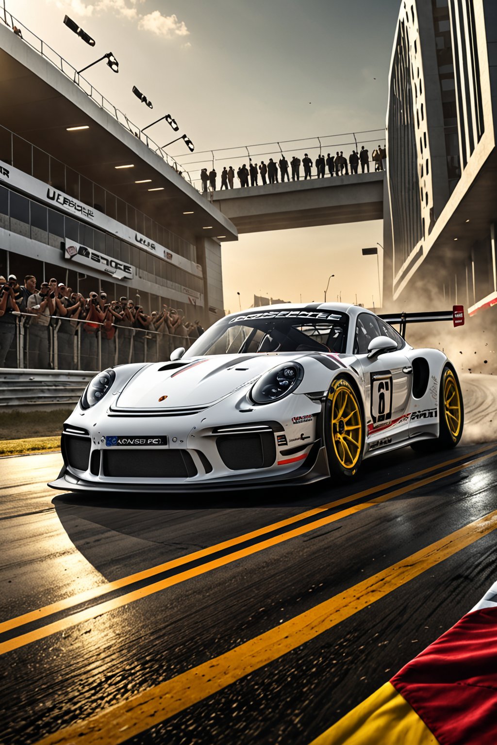 dynamic angle, masterpiece, award winning picture, Porsche car racing, fantasy background, hyper detailed, intricate, poster, artstation, epic, ultra detail, intricate details, UHD