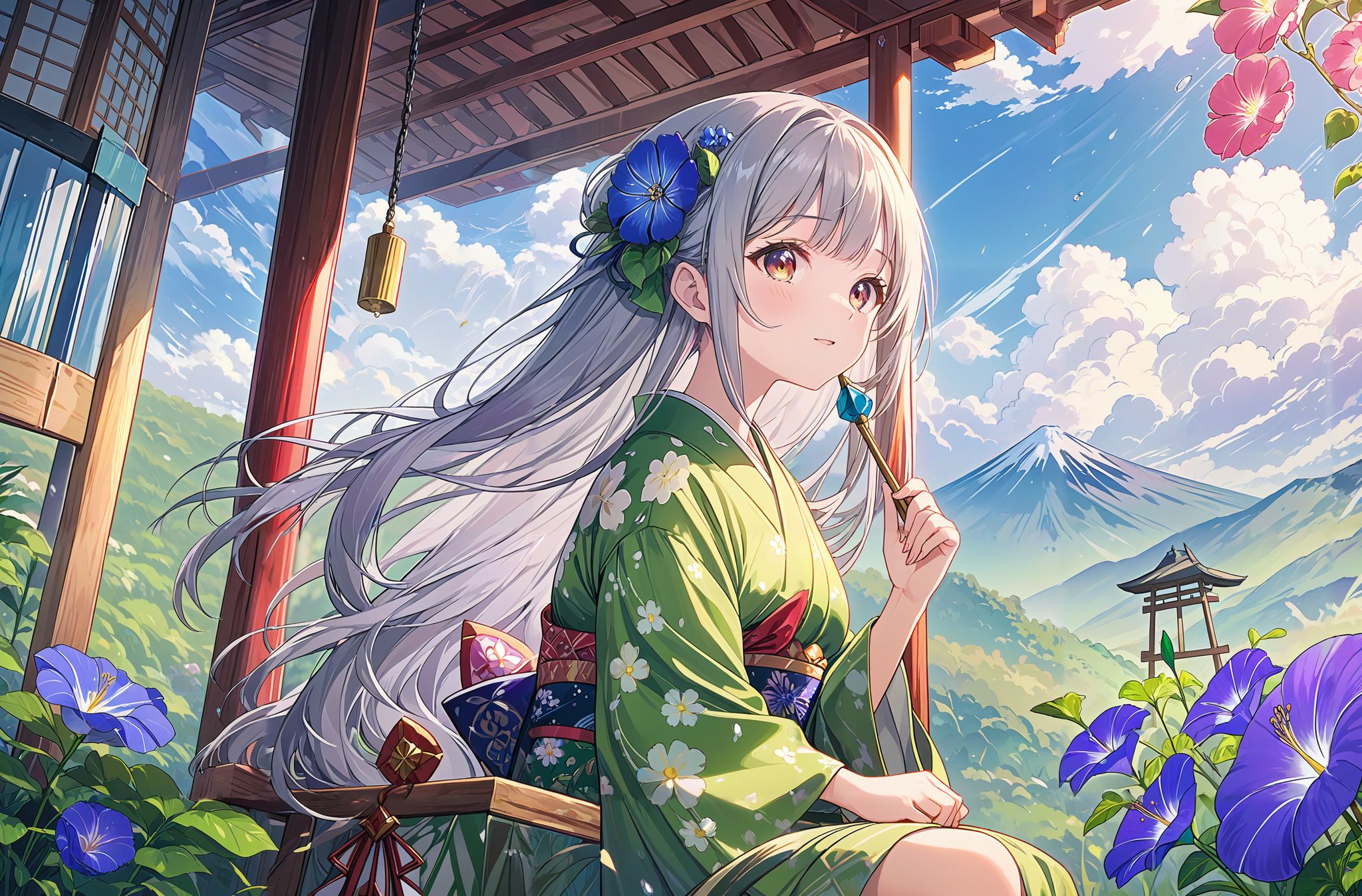 ltra-detailed,(best quality),((masterpiece)),(highres),original,extremely detailed 8K wallpaper,(an extremely delicate and beautiful),anime,\\,BREAK1girl,flower,kimono,japanese clothes,long hair,solo,morning glory,hair ornament,hair flower,sitting,smile,red eyes,staff,pink flower,obi,grey hair,sash,green kimono,blue flower,outdoors,wind chime,bangs,yukata,closed mouth,print kimono,sky,floating hair,cloud,wide sleeves,floral print,