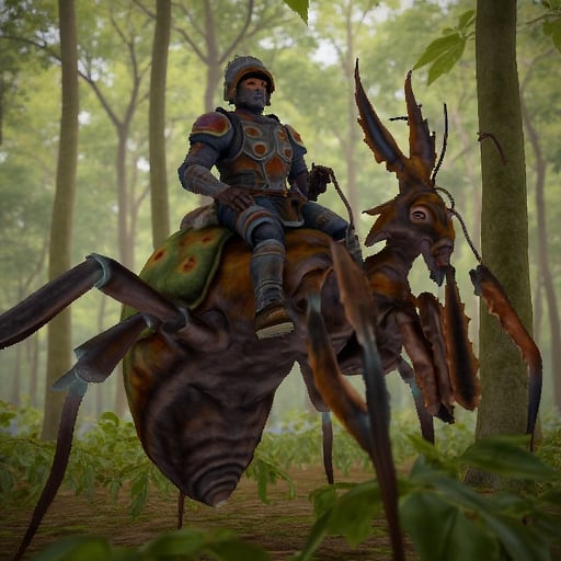 1boy wearing steel armor and steel helmet, riding a Elytra Dementia, bug creature, forest, day