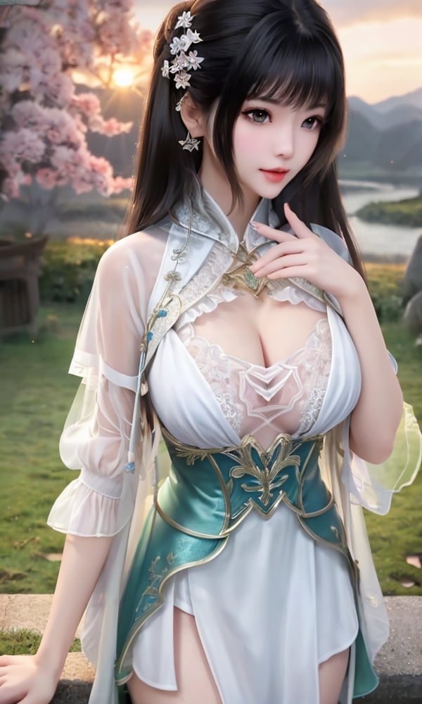 <lora:521-DA-诛仙CG-碧瑶:0.8>(,1girl, ,best quality, ),looking at viewer,  ,, ultra detailed background,ultra detailed background,ultra realistic 8k cg,,masterpiece, (( , )), fiction,mole,  ,     ,see-through, lace, (cleavage),(((, solo, sun, , bare_tree, )))