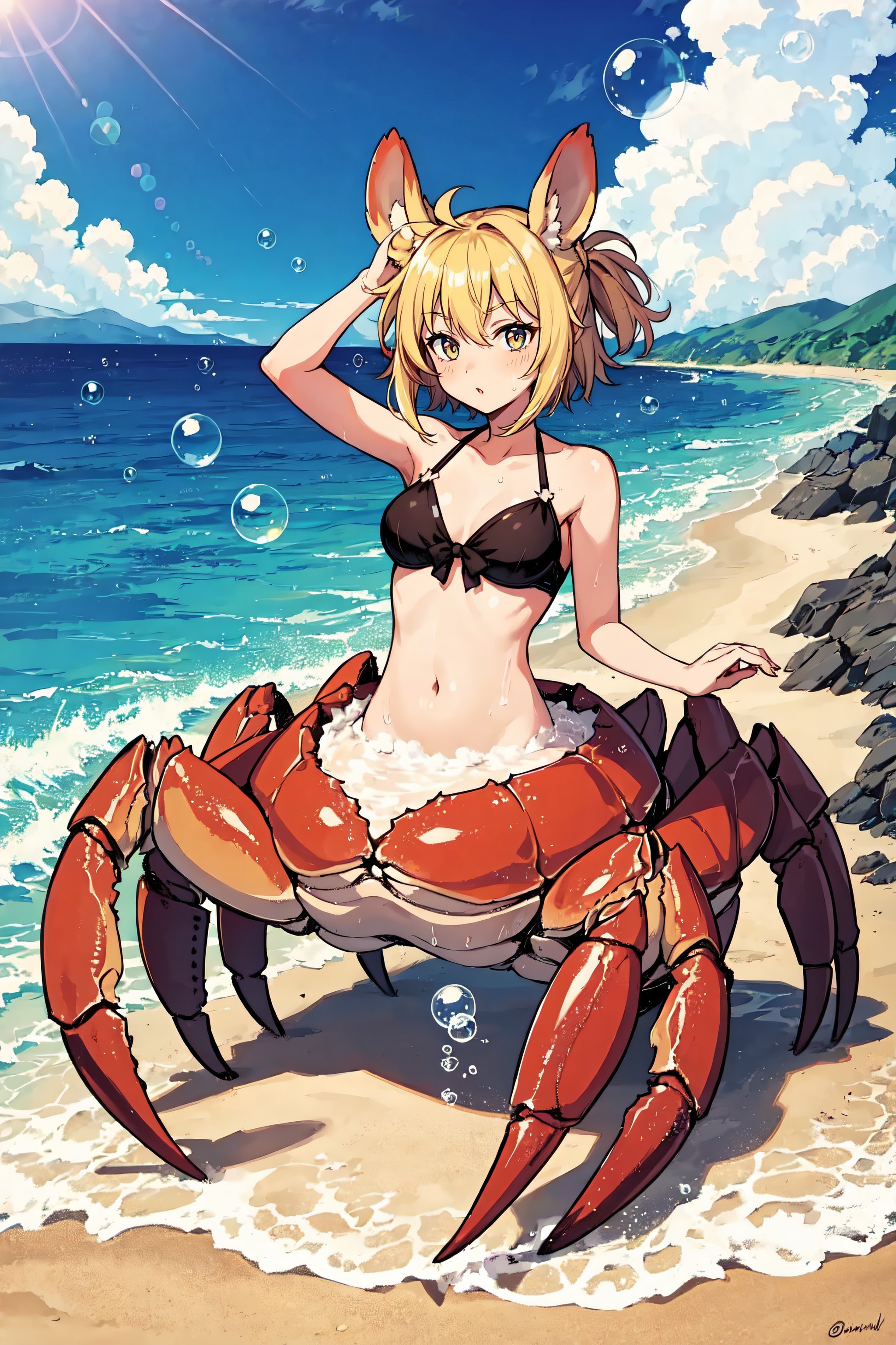 1girl, crab girl, soap bubbles, full body, beach,