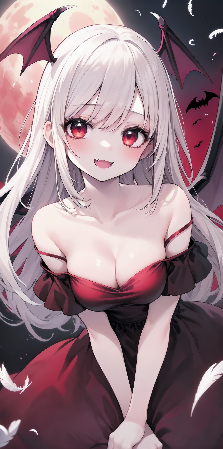 (nsfw:0.6), 1girl, solo (eye focus, eyeliner, eyelashes, :0.7), (medium breasts, collarbone), feather long dress, gown, bat wings, vampire, red moon, night, off-shoulder, (sideboob, grin:0.6), (fang), (pale skin:1.3).