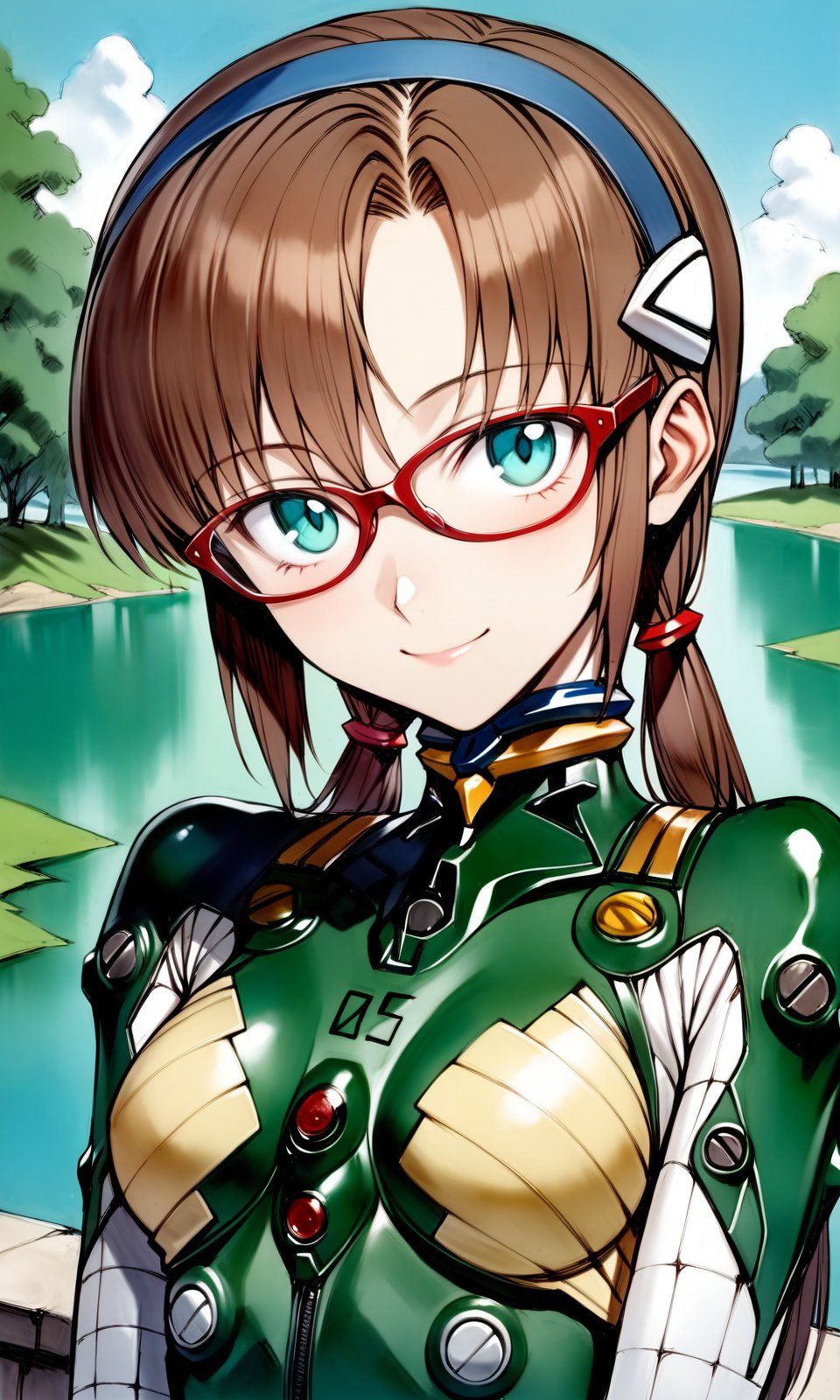 solo, 1girl, maritest, aqua eyes, hairband, brown hair, red-framed eyewear, plugsuit, bracer, quilted bodysuit, 05,looking at viewer, light smile, outdoors, lake, portrait, masterpiece, absurdres, by nyatabe, by (mogudan:0.5), <lora:MariTestSuit_XL:1><lora:Nyatabe_XL:0.65> <lora:Fixhands_anime_bdsqlsz_V1:1> 