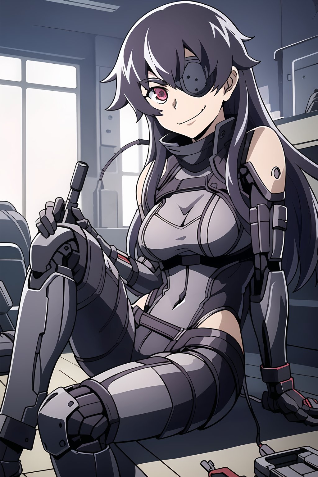 masterpiece, 1girl, minene, eyepatch, sitting, holding wrench, nuts, bolts, metal junk piles, futuristic, cybernetic, cyborg, wires, exposed electronics, cybernetic damage, evil smile, red eyes, circuitry, detailed face