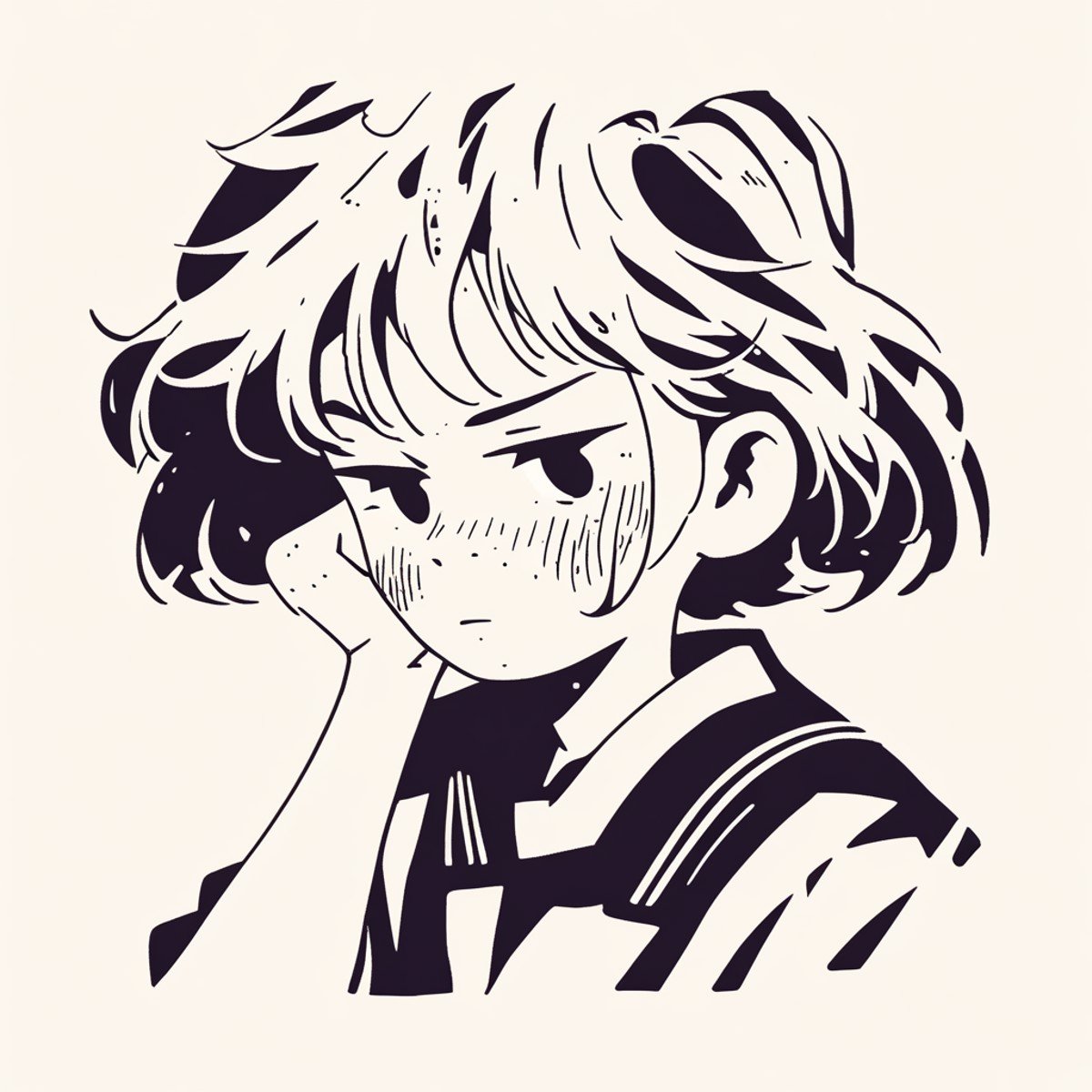 a boy in a sailor suit frowning