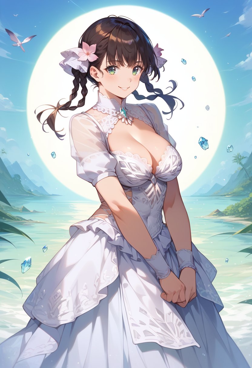 score_9, score_8_up, score_7_up, best quality, masterpiece, source_anime, zPDXL2, BREAK , 1girl, solo, white  dress, cleavage, hair flower, see-through, jewel-diamond outfits, Posing as if about to hug someone ,    weapon_merchant_cattleya,  <lora:jewel_diamond_doaxvv2:1>